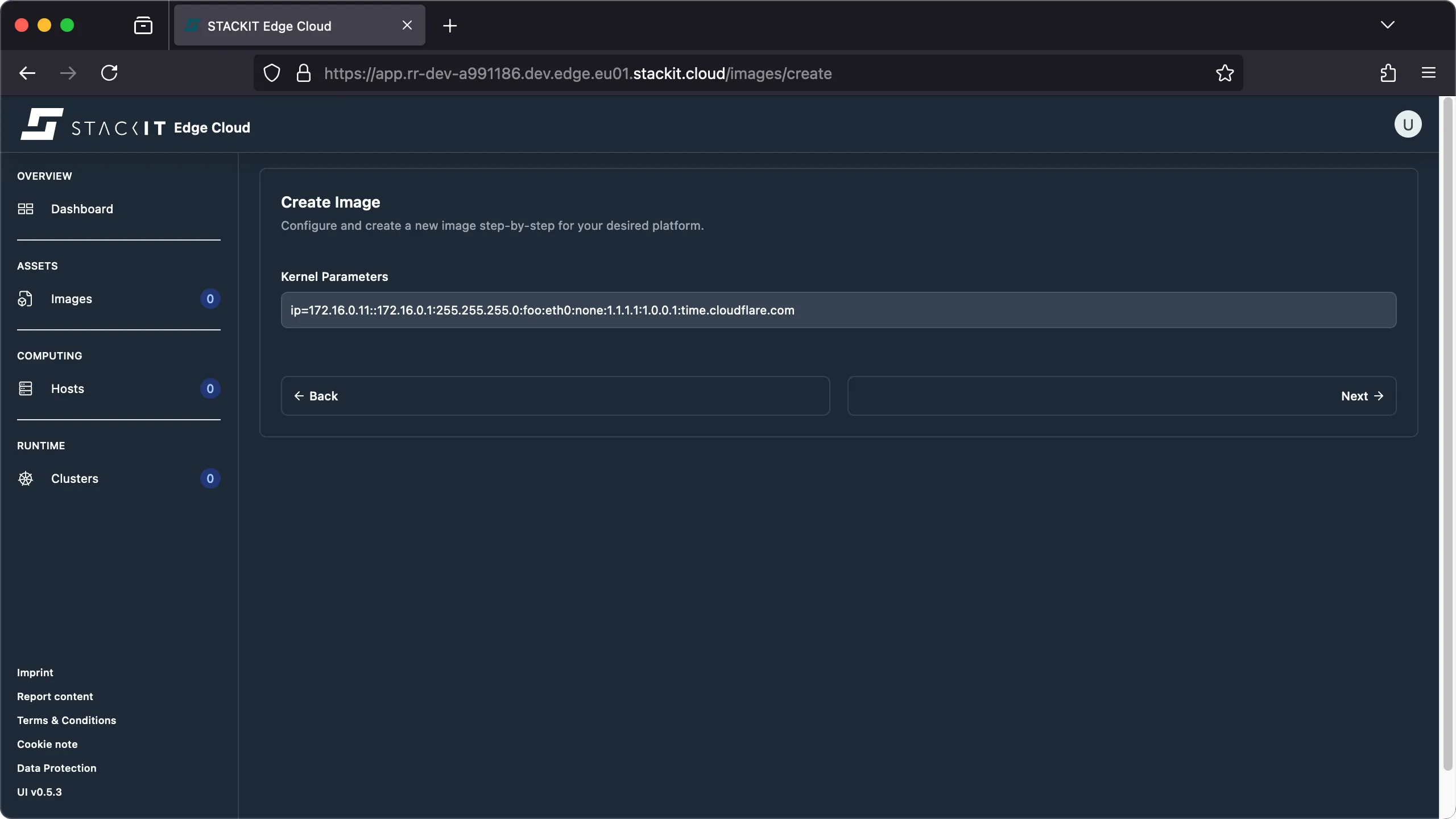 STACKIT Edge Cloud web interface, showing the 'Create Image' step for 'Kernel Parameters'.