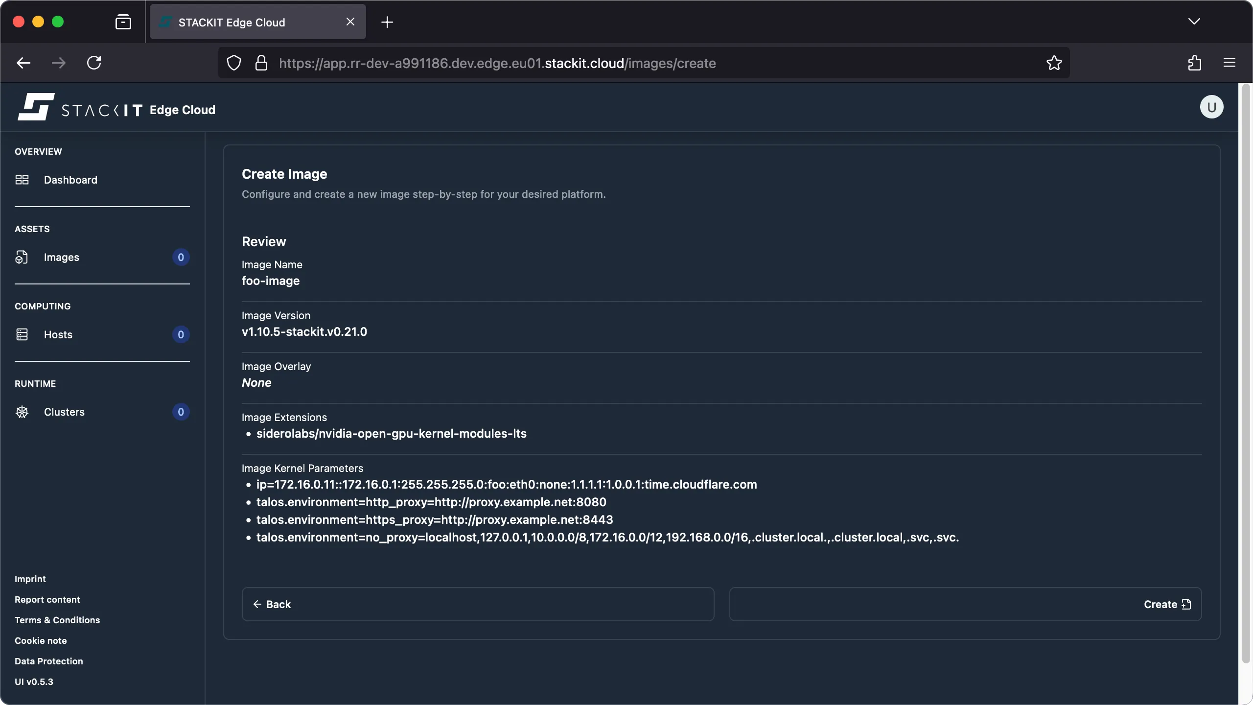 STACKIT Edge Cloud web interface, showing the 'Create Image' step for 'Review'.