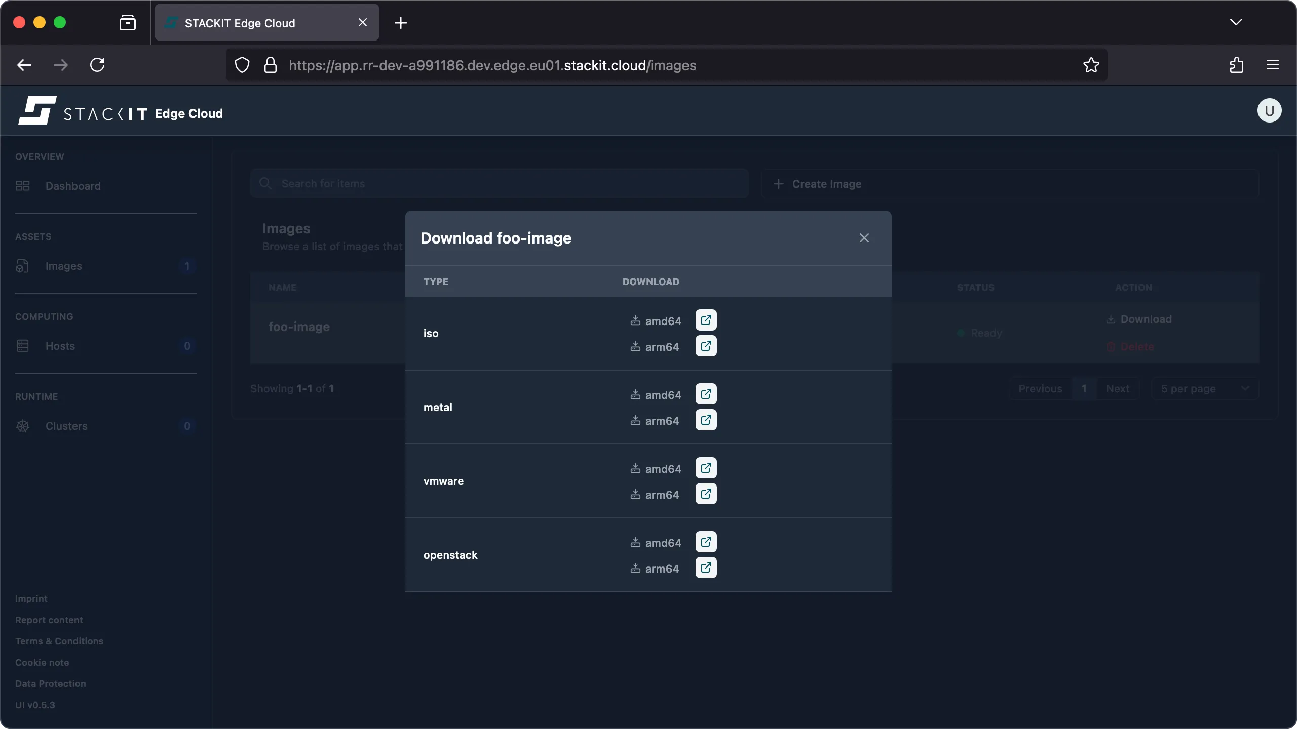 STACKIT Edge Cloud web interface, showing the Images list. A modal window is open, presenting various image formats and architectures.