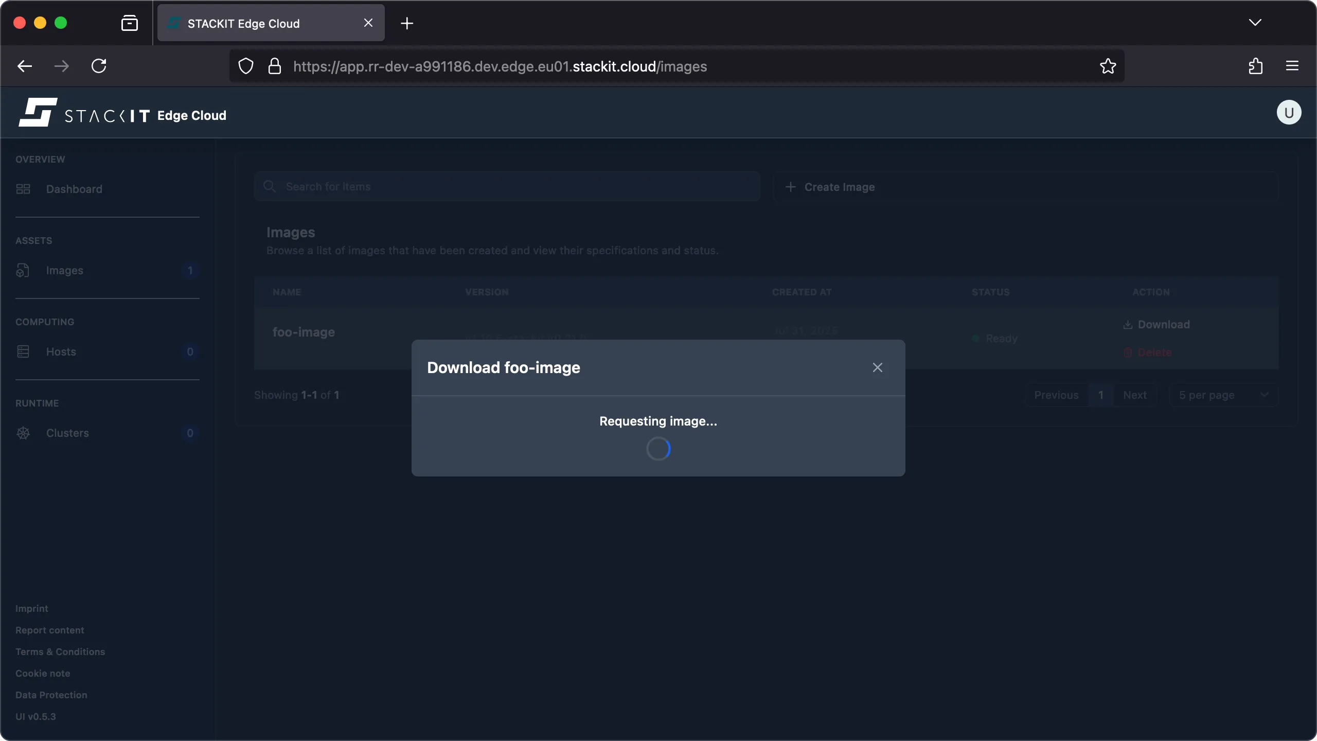 The modal window titled "Download image" displays a progress indicator that says "Requesting image...".