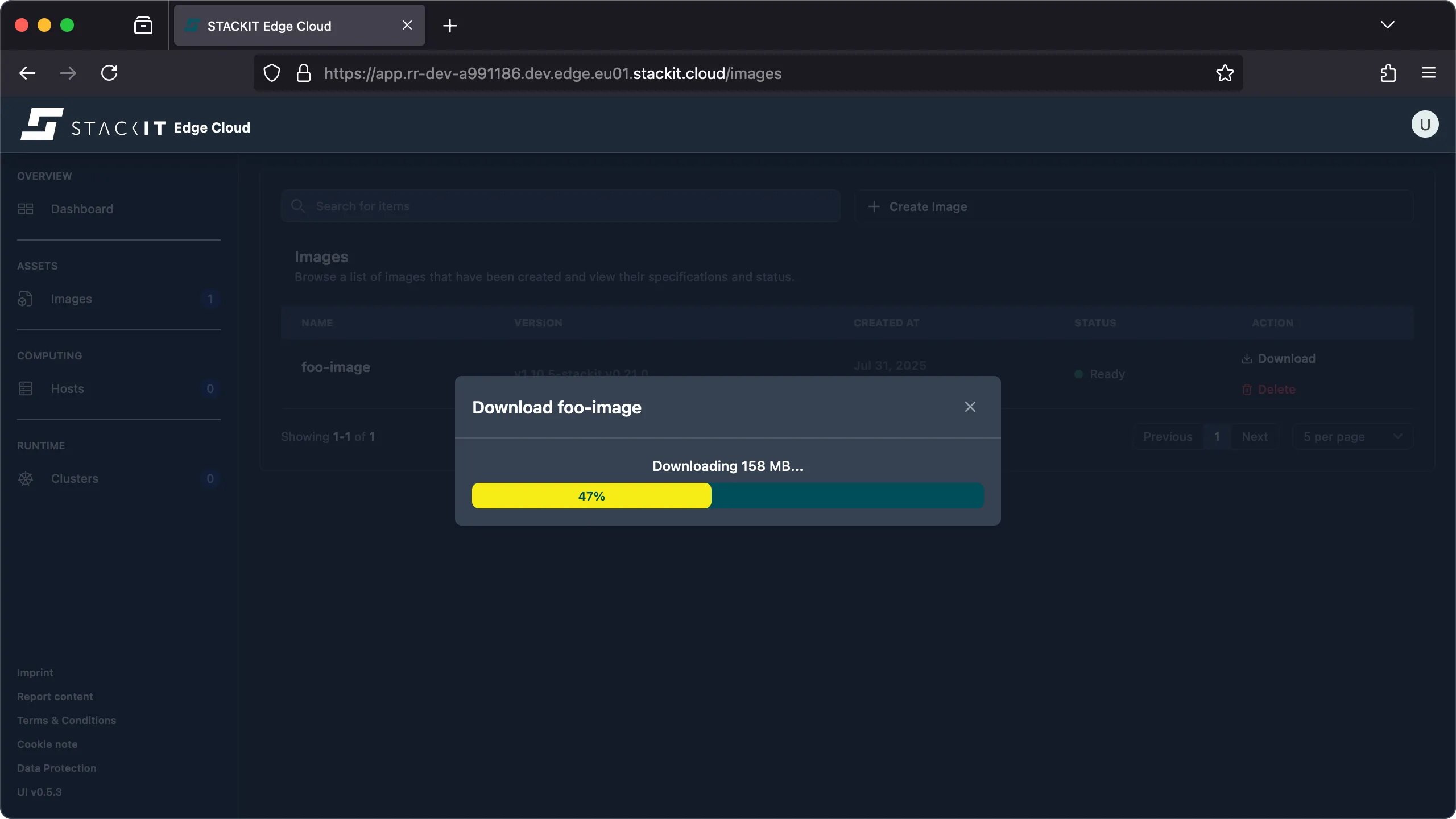 STACKIT Edge Cloud web interface, showing the Images list. A modal window titled Download foo-image is overlaid, displaying a download progress bar. The progress bar is 47% complete and shows that 158 MB of the file is currently being downloaded.