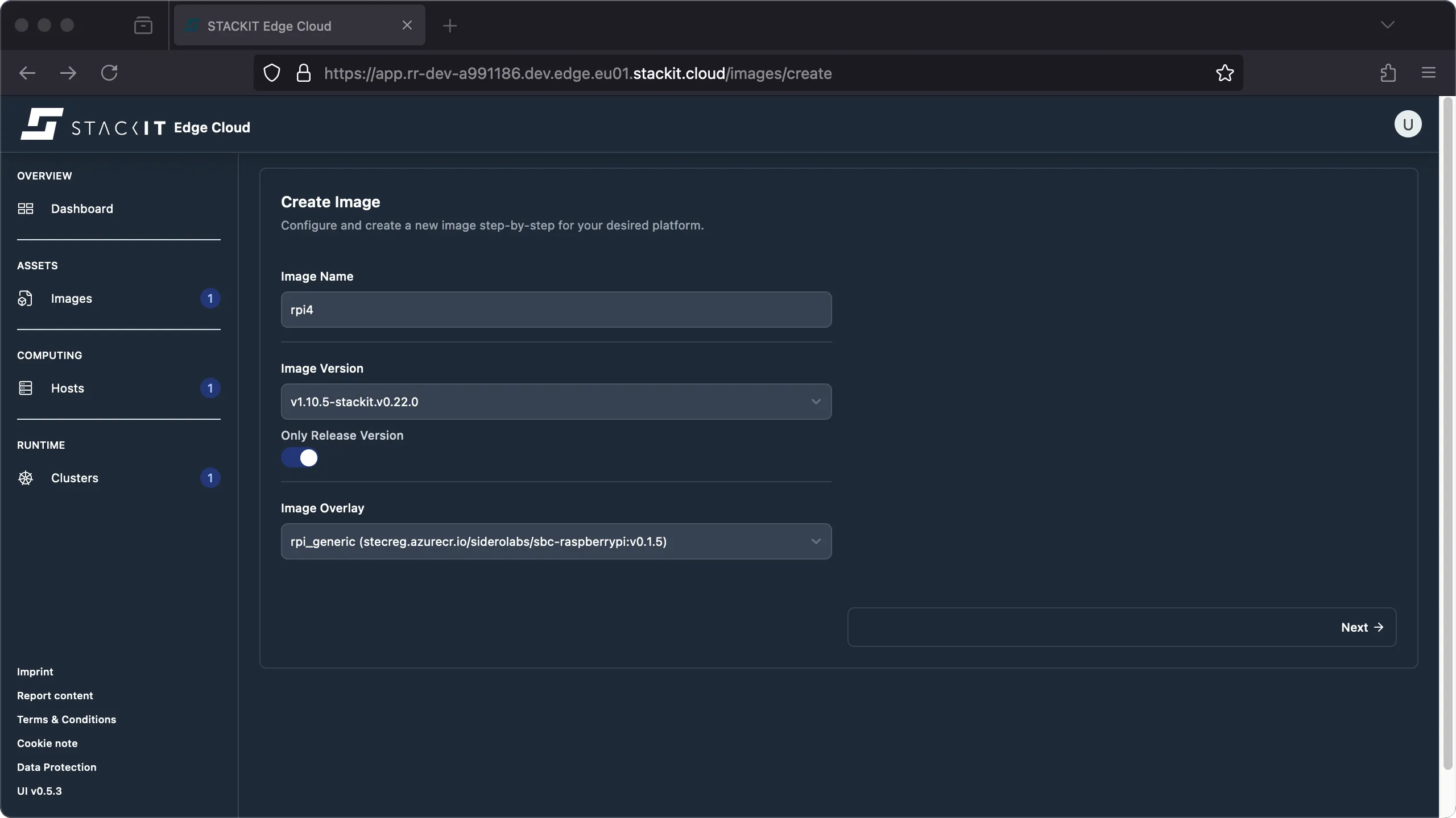 A screenshot from the STACKIT Edge Cloud web interface, showing the first step in the "Create Image" wizard.