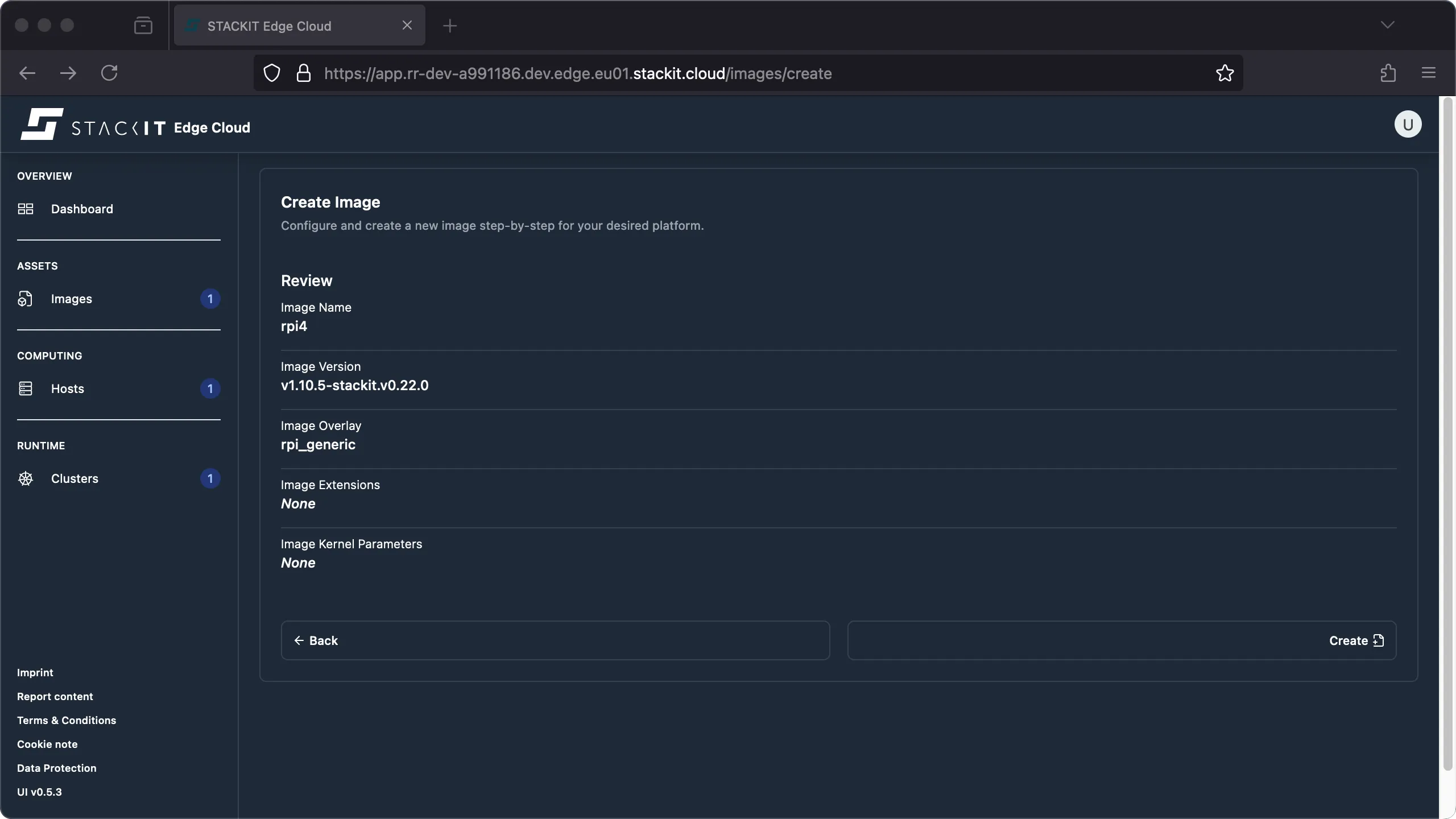 A screenshot from the STACKIT Edge Cloud web interface, showing the "Review" step of the "Create Image" wizard.