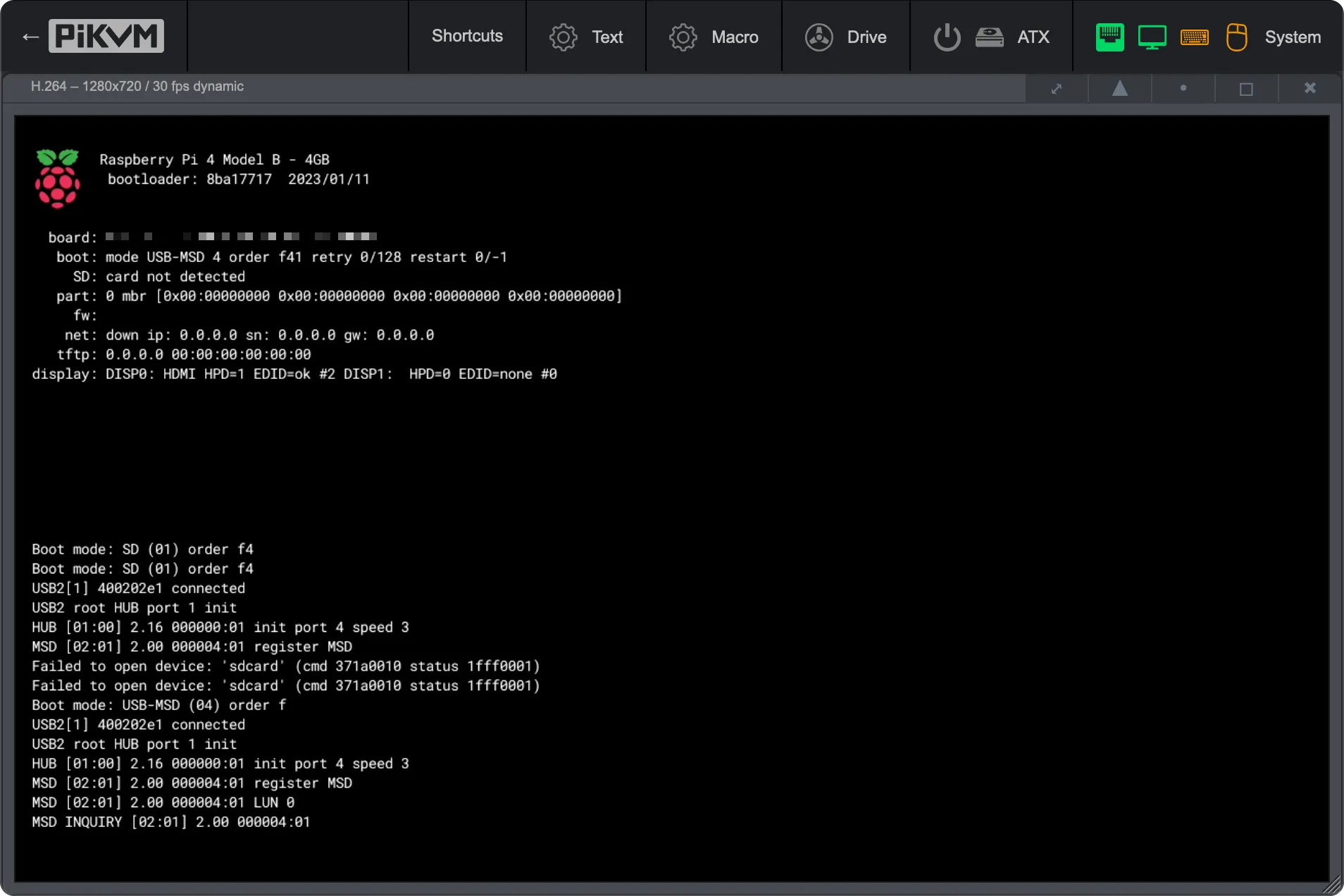 PiKVM Console Showing Raspberry Pi 4 Boot log.