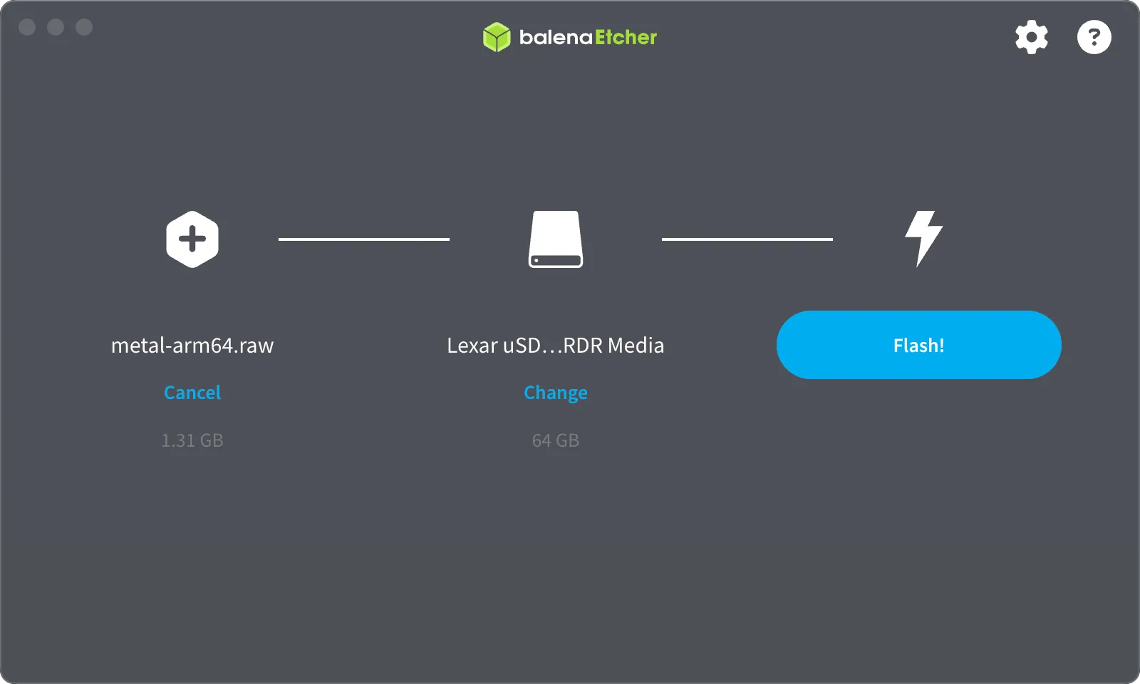 The Balena Etcher application interface for flashing an operating system image to a drive.