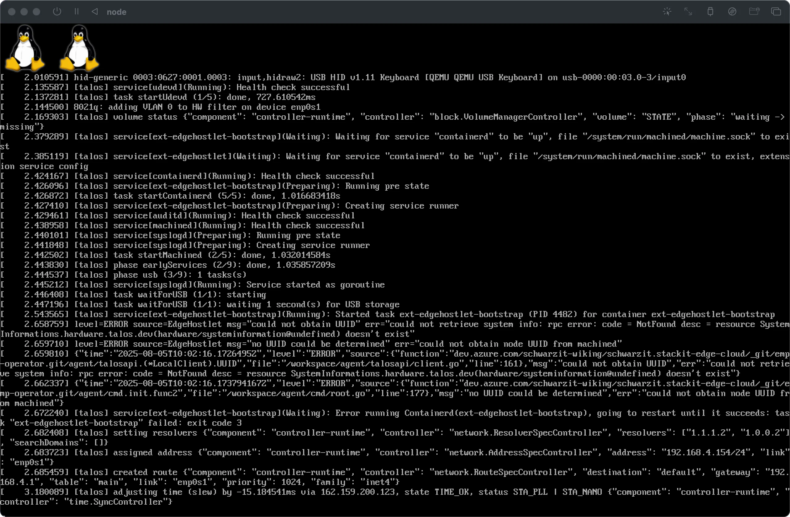 Terminal Log Output during Talos Boot Process.