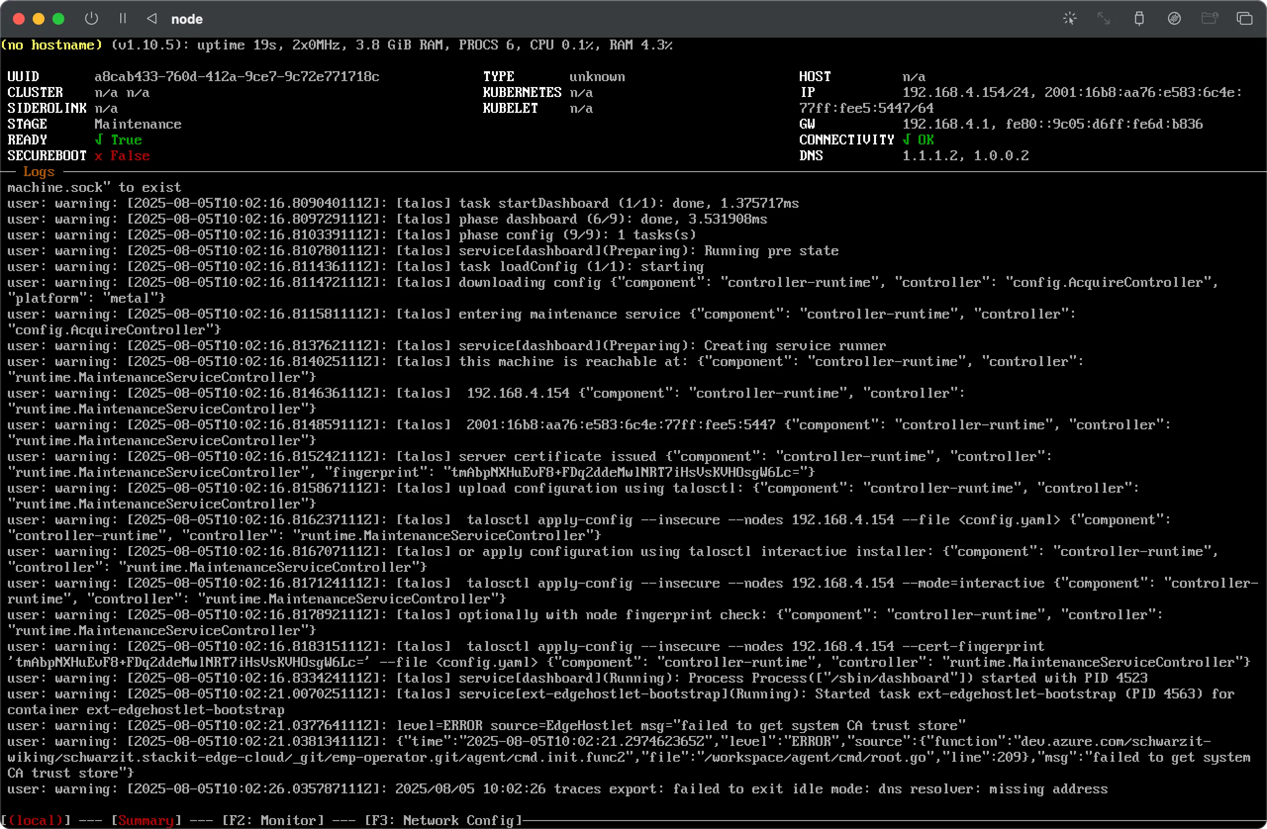 Terminal Log Output during Talos Kubernetes Node Boot/Initialization.