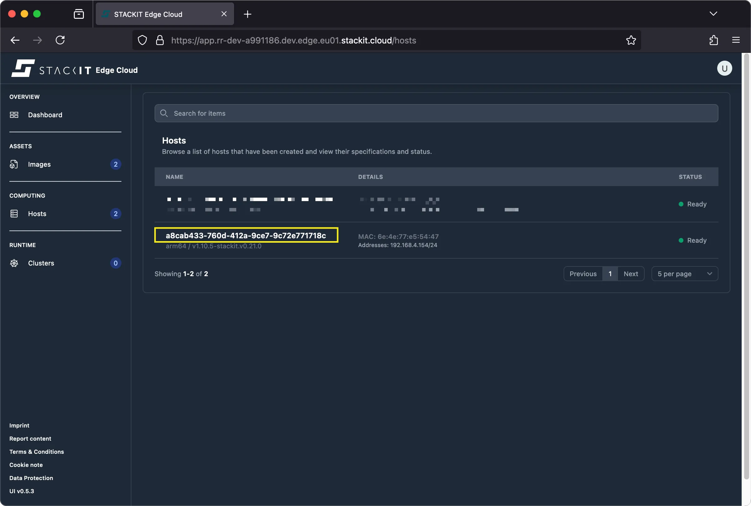 STACKIT Edge Cloud Dashboard - Hosts View.