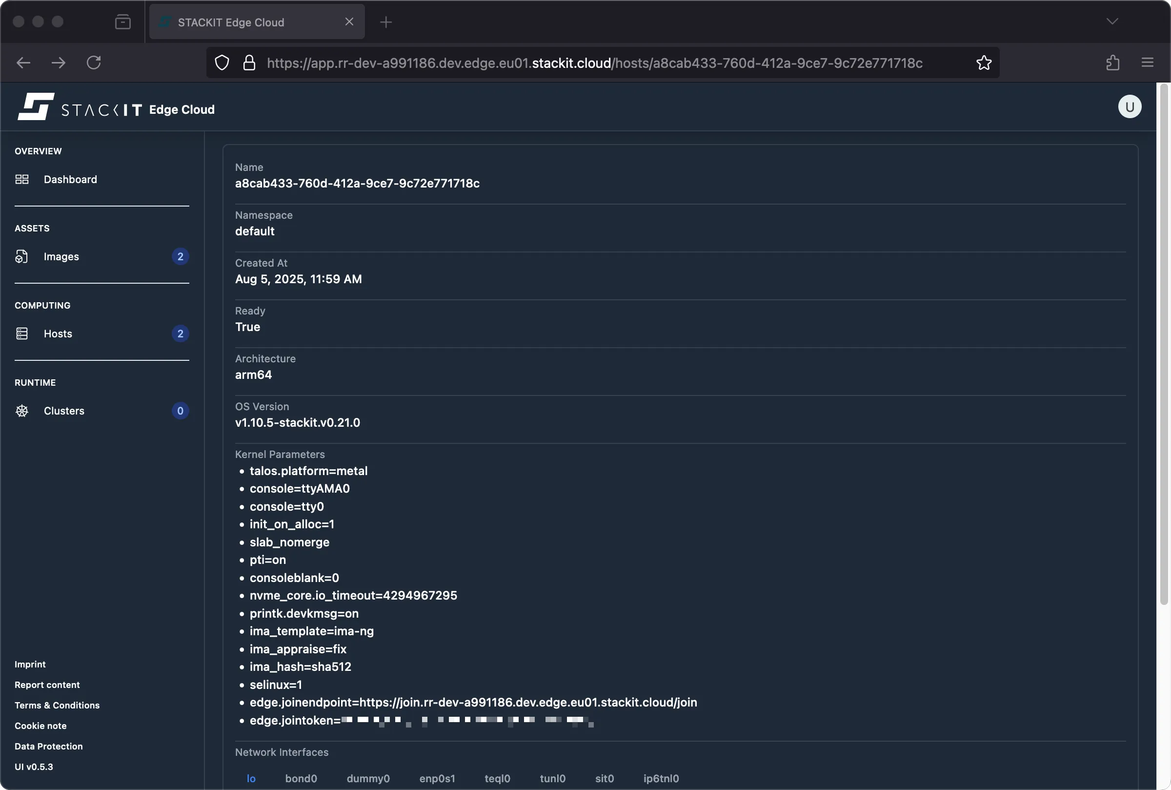Screenshot of the STACKIT Edge Cloud web interface showing the details page for a Host.