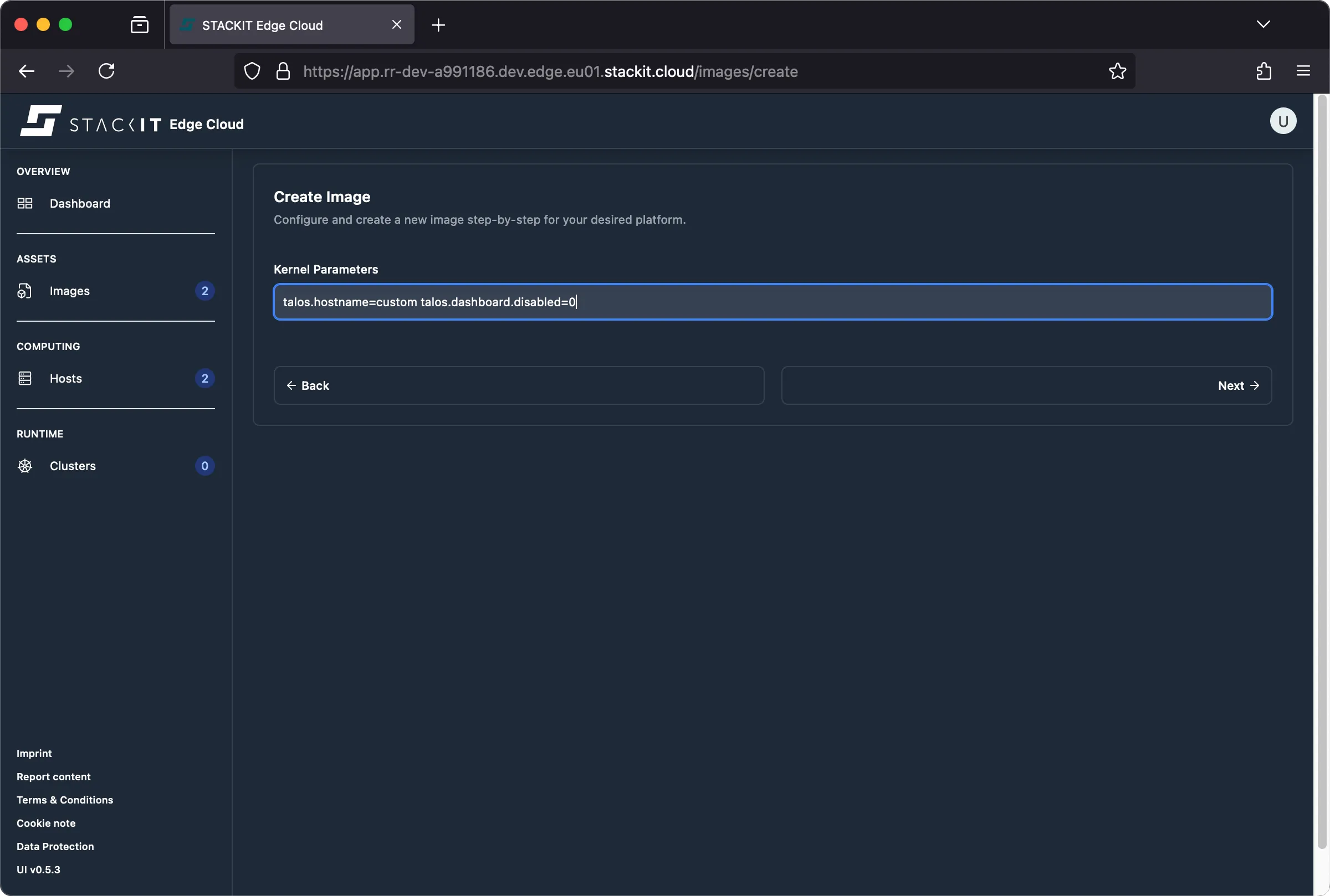 STACKIT Edge Cloud web interface, showing the 'Create Image' step for 'Kernel Parameters'.