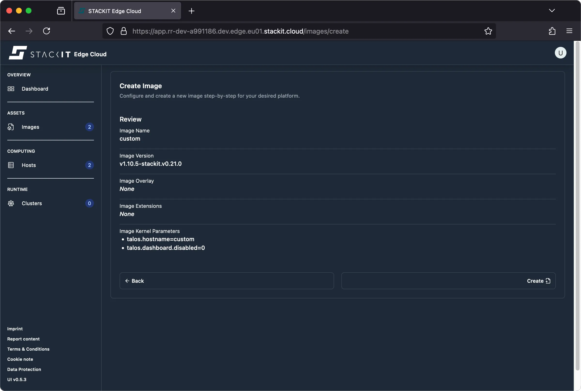 STACKIT Edge Cloud web interface, showing the 'Create Image' step for 'Review'.