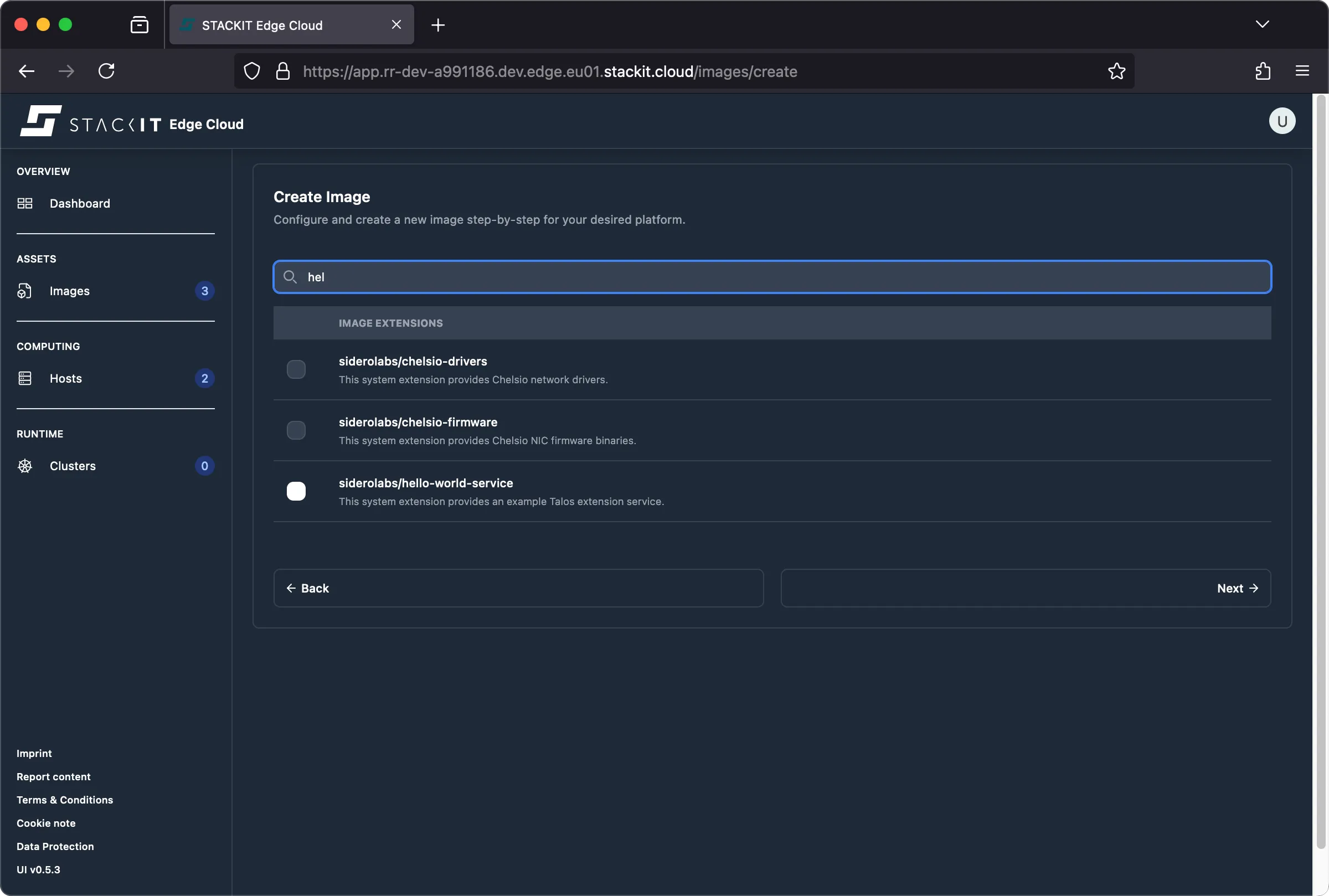 The image shows the second step in the 'Create Image' workflow within the STACKIT Edge Cloud web interface.