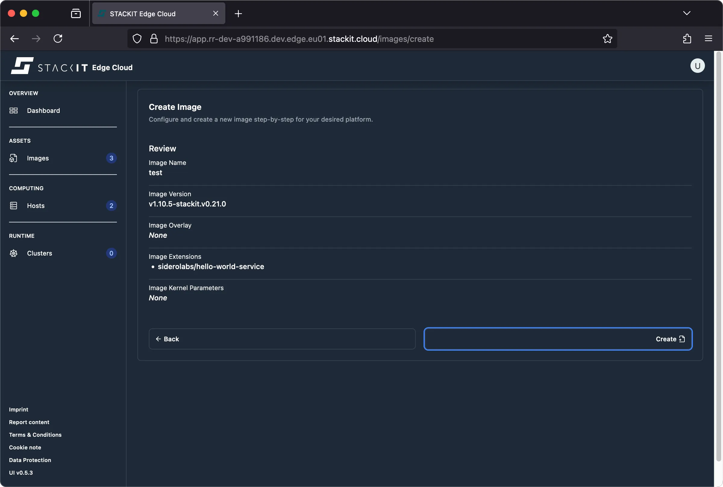 The image shows the final step in the 'Create Image' workflow within the STACKIT Edge Cloud web interface.