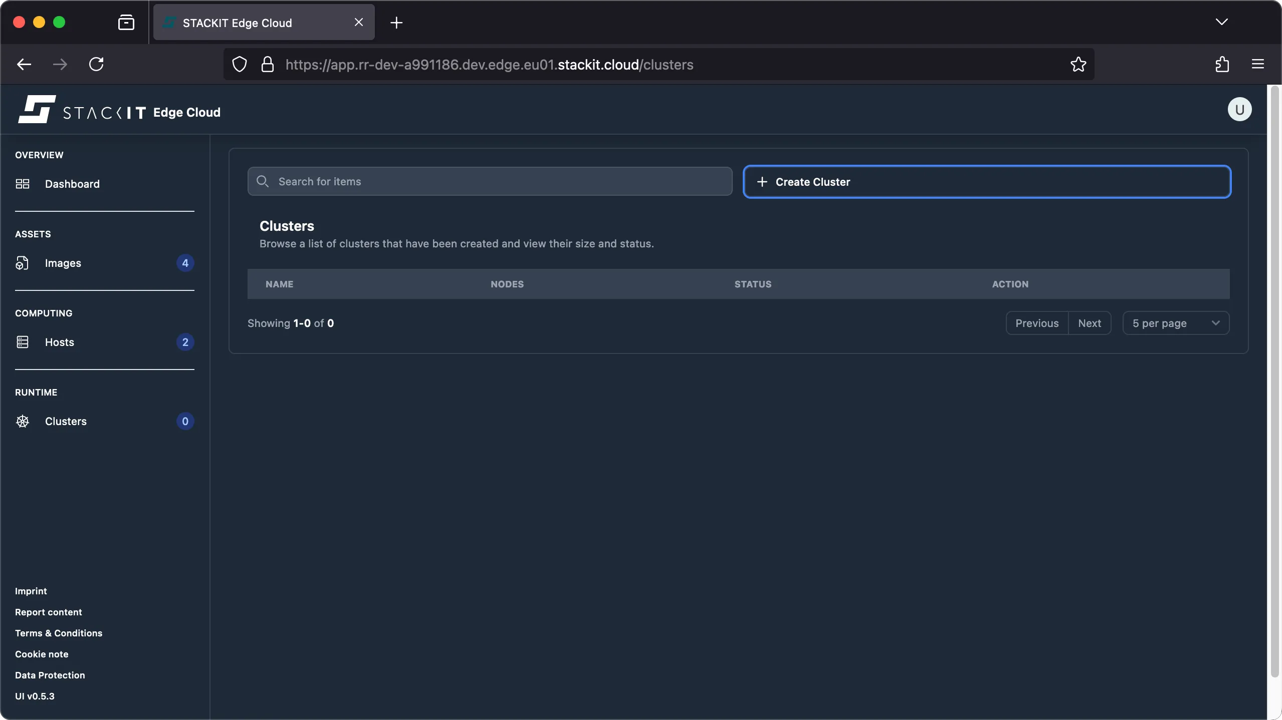 Screenshot of the STACKIT Edge Cloud web interface, showing the Clusters view.