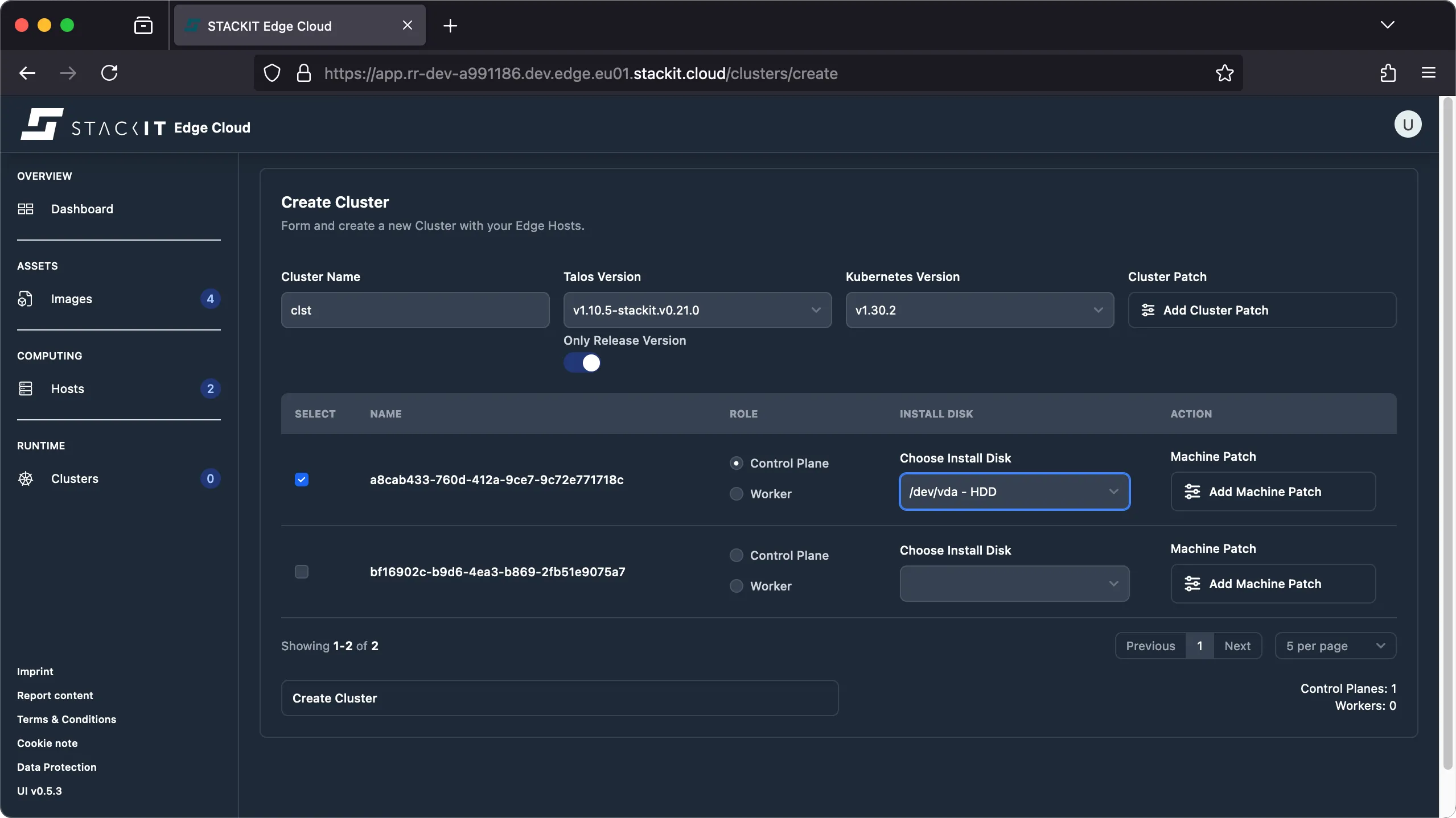 Screenshot of the STACKIT Edge Cloud web interface showing the Create Cluster form.