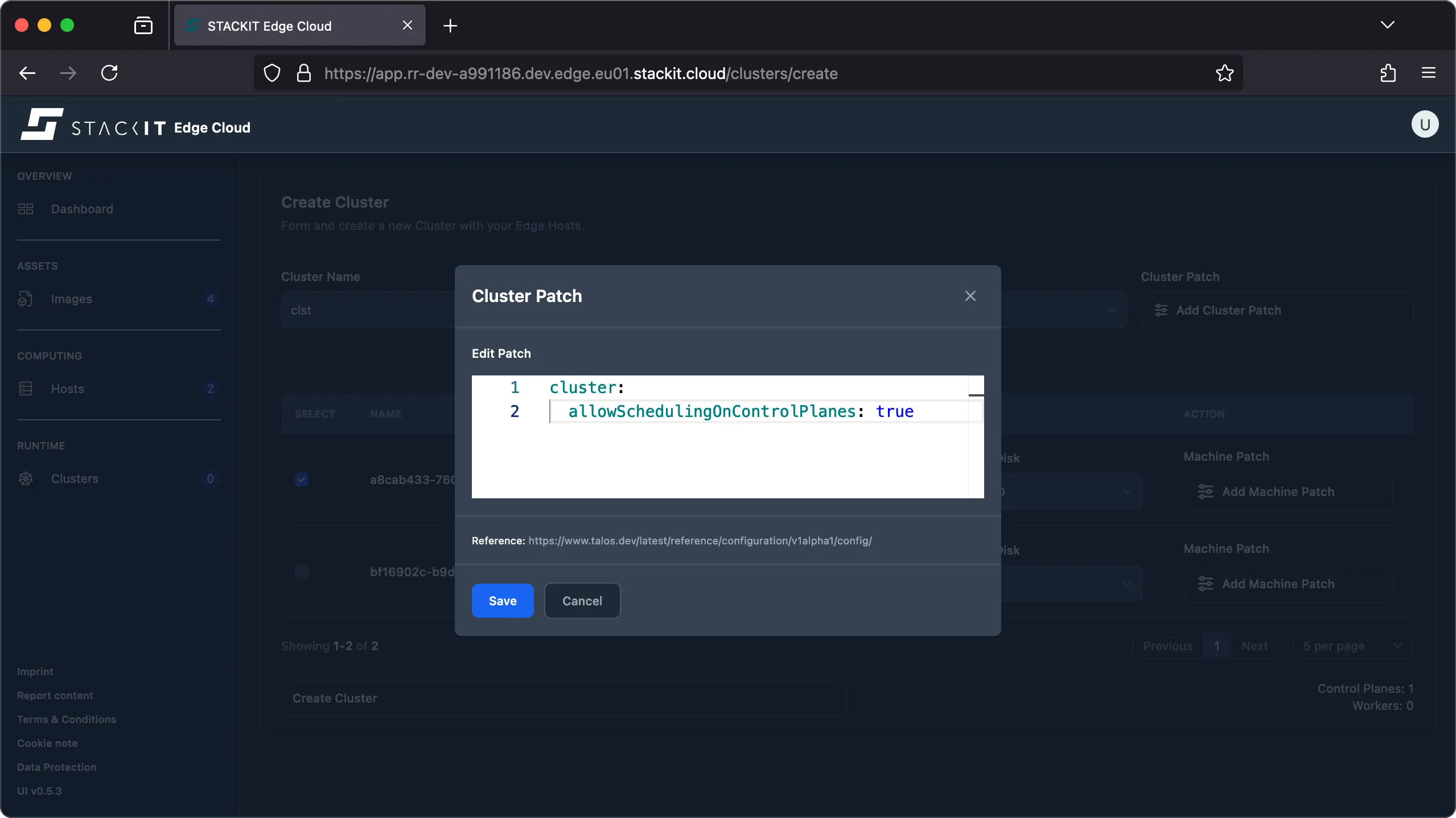 A screenshot of a web UI for STACKIT Edge Cloud on a "Create Cluster" page. A modal window titled Cluster Patch is overlaid on the page, allowing for editing cluster-wide configuration in YAML format.