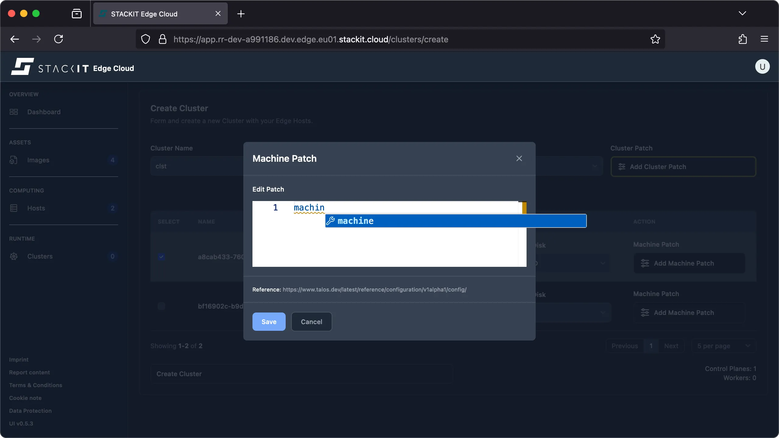 A screenshot of the STACKIT Edge Cloud "Create Cluster" page with a modal window titled "Machine Patch" open.