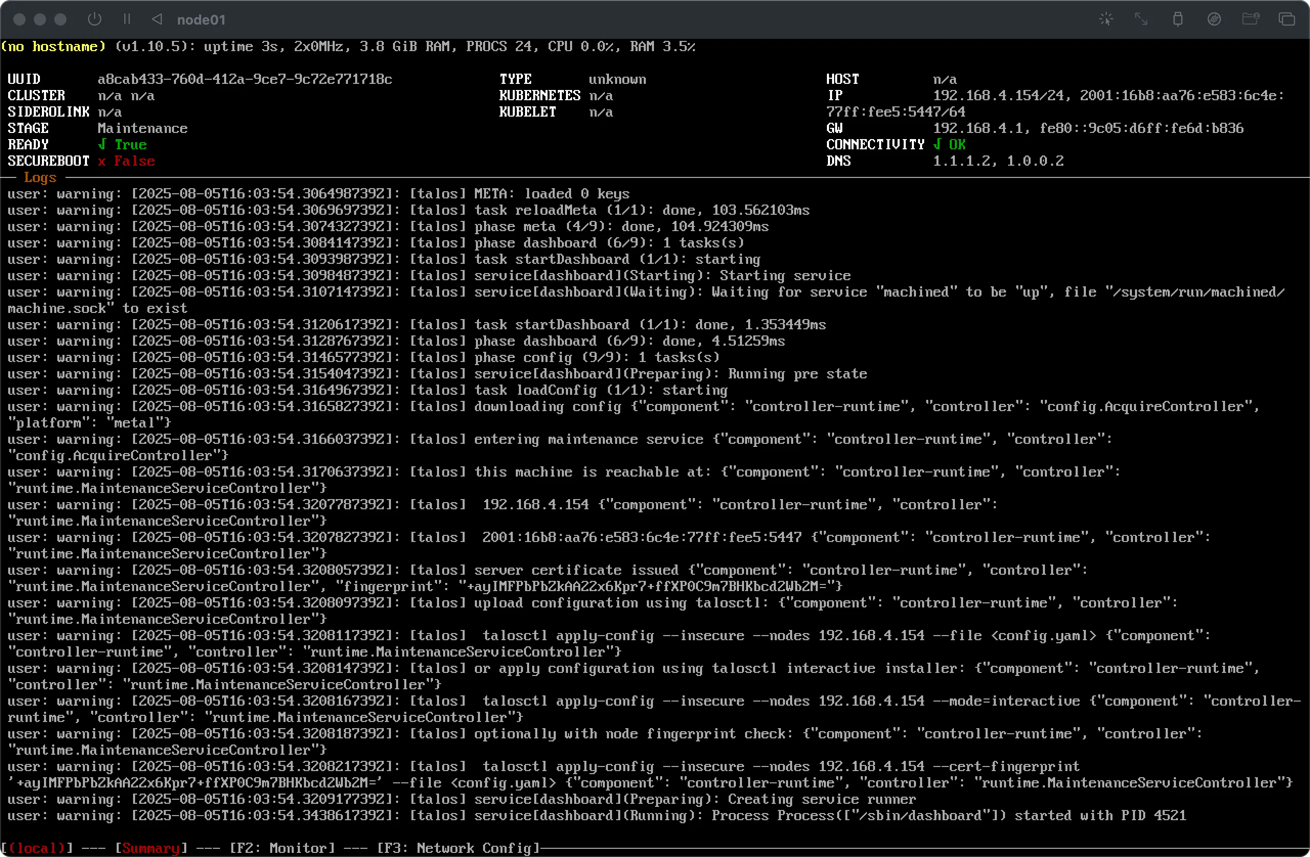 Console screenshot of a Kubernetes node (Talos OS) showing the system in a Maintenance state.