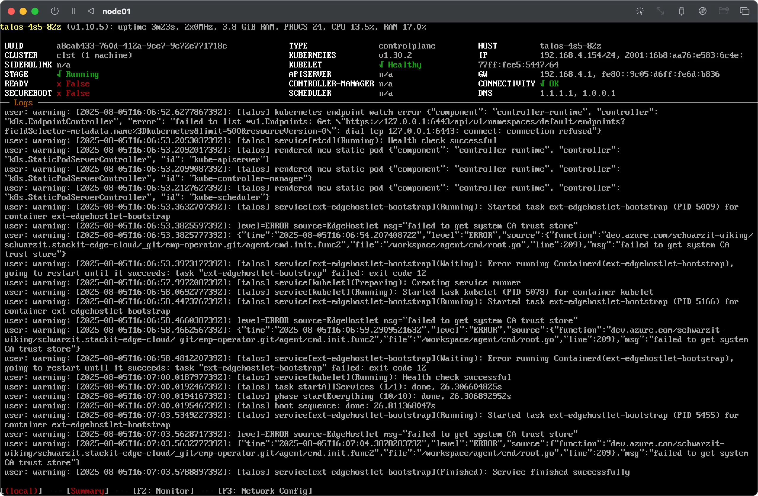 Console screenshot of a Kubernetes node (Talos OS) showing initialization and boot logs.