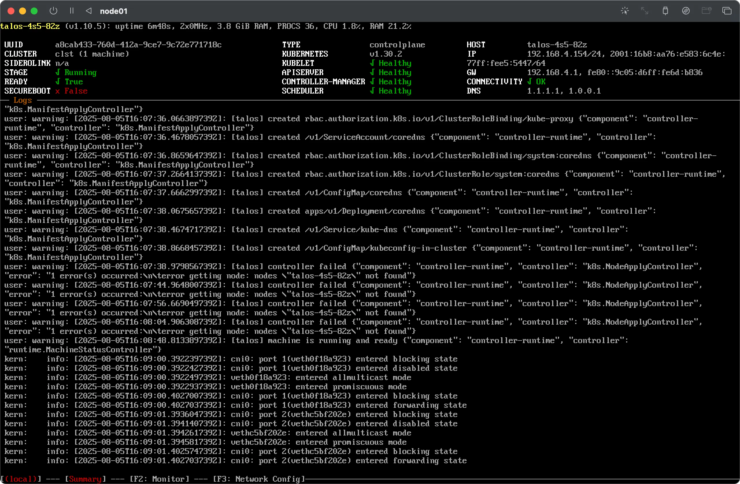 Console screenshot of a Kubernetes node (Talos OS) in running state, with most components (control plane, Kubelet, API-Server, Scheduler) reported as healthy.