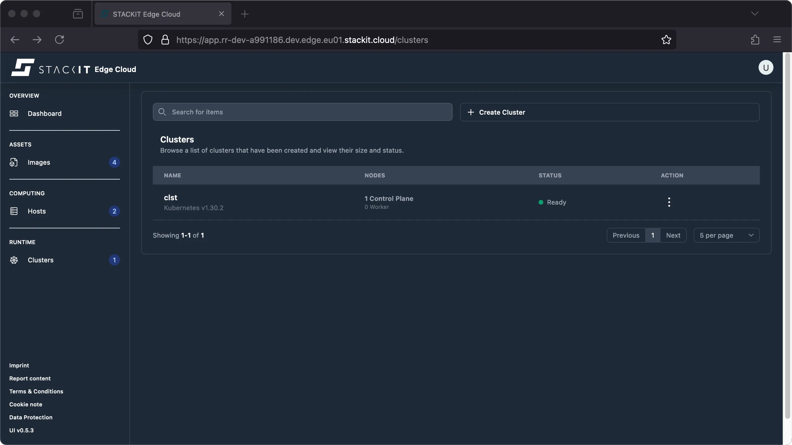 Screenshot of the STACKIT Edge Cloud web interface, now showing the Clusters view with a single cluster created.