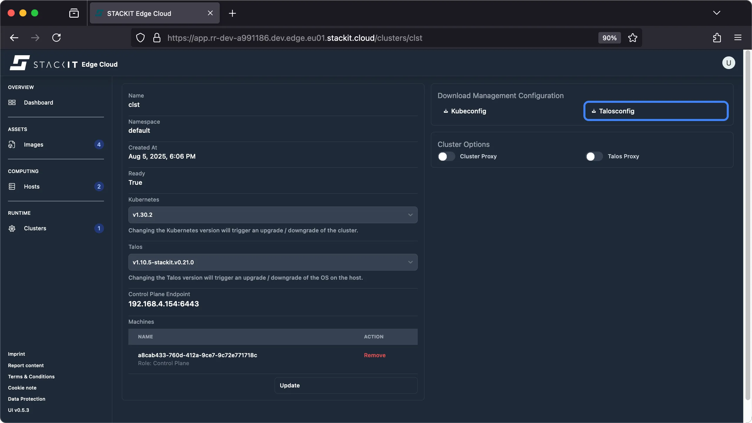 A screenshot of the STACKIT Edge Cloud web interface, showing the details page for a cluster.
