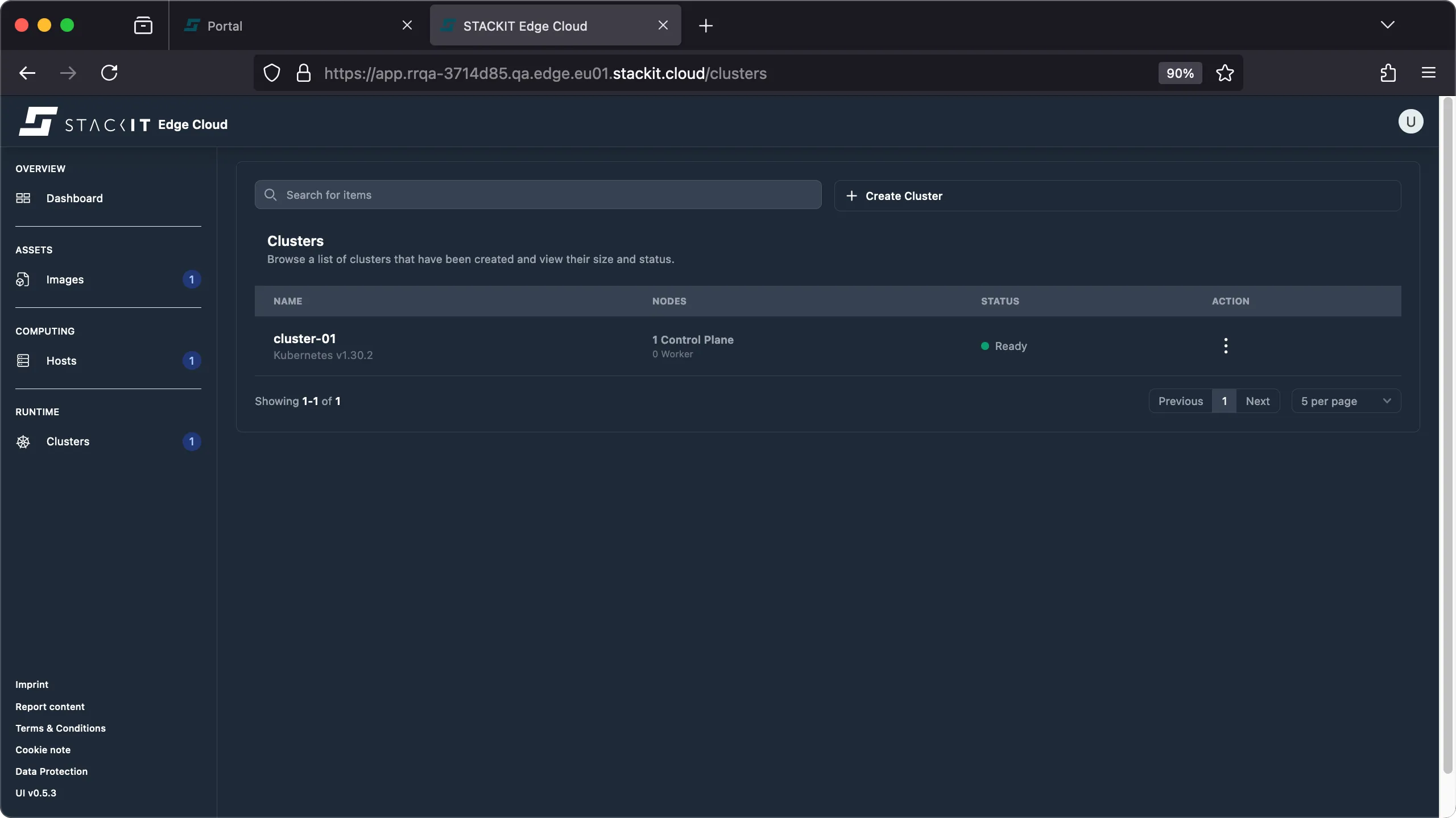 STACKIT Edge Cloud Dashboard: Clusters List (Single Cluster). A screenshot of the STACKIT Edge Cloud web interface's Clusters overview page. A single cluster named cluster-01 is listed. It has 1 Control Plane and 0 Worker nodes. The cluster's Kubernetes version is v1.30.2, and its Status is Ready (indicated by a green dot). The table shows one result out of one.