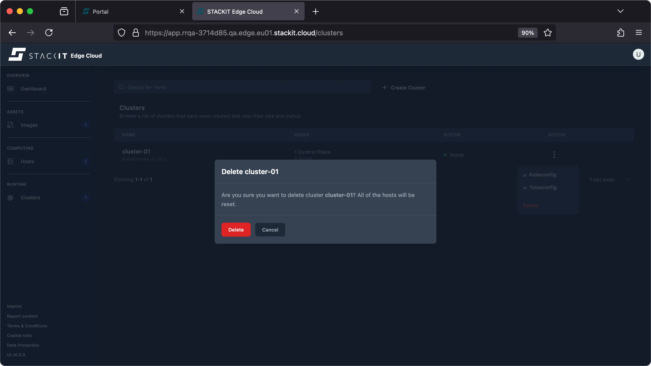 Screenshot of the Clusters overview page with a "Delete cluster-01" confirmation dialog box overlaid.