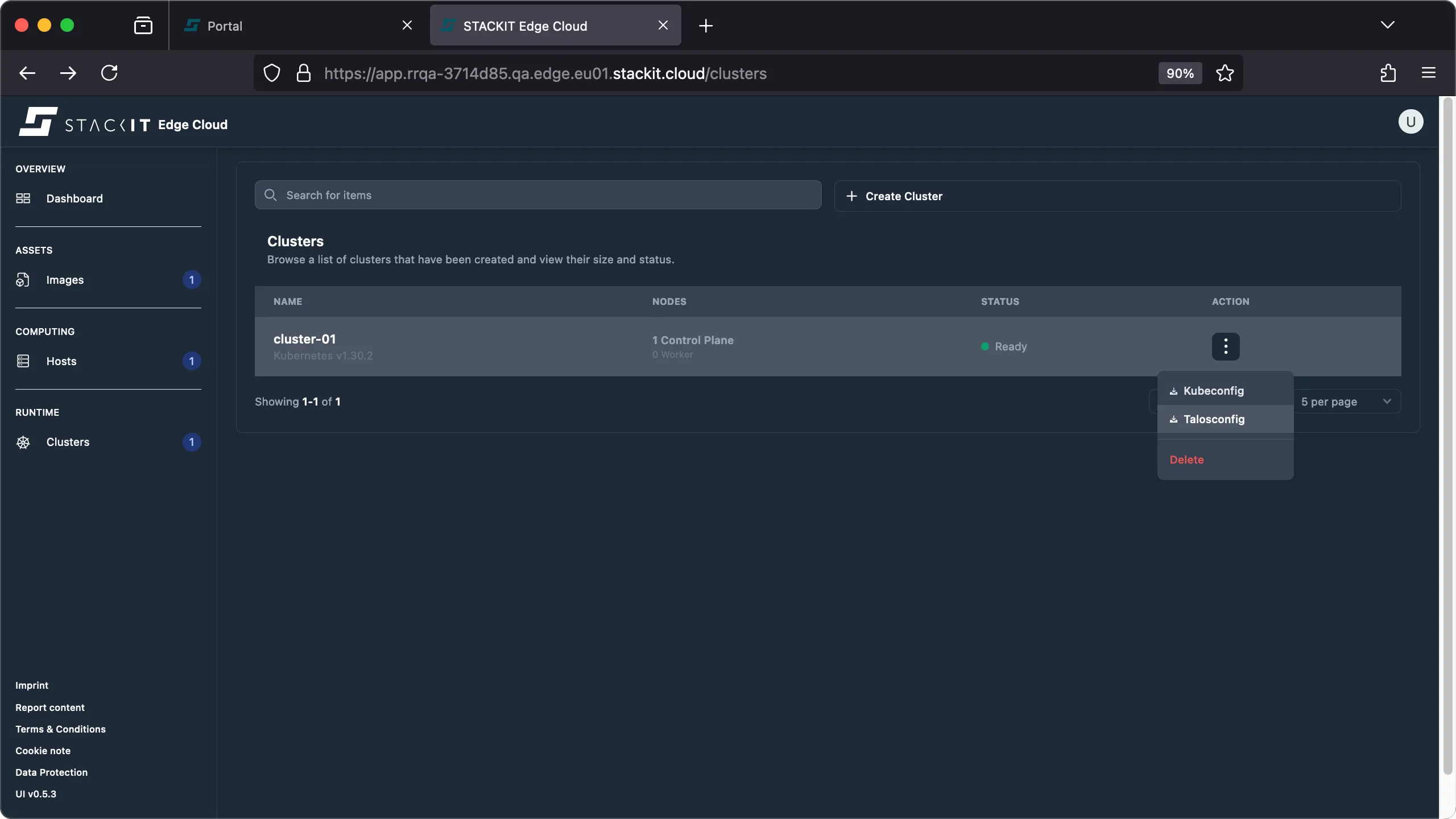 Screenshot of the STACKIT Edge Cloud web console, specifically the Clusters overview page.