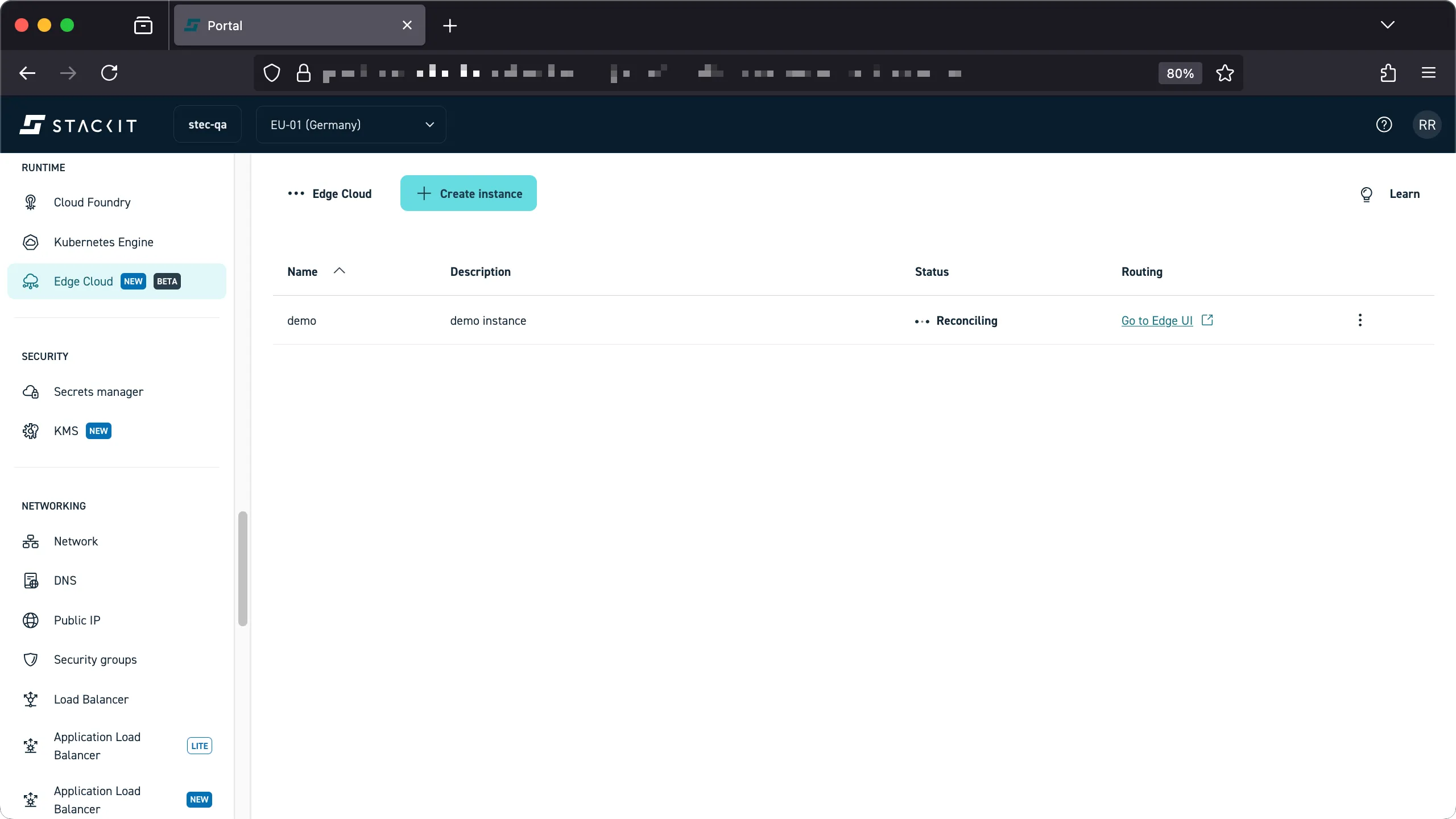 Screenshot of the Edge Cloud instance list. A newly created instance named "demo" with description "demo instance" is shown. The Status column displays "... Reconciling," indicating the system is currently provisioning or setting up the instance.