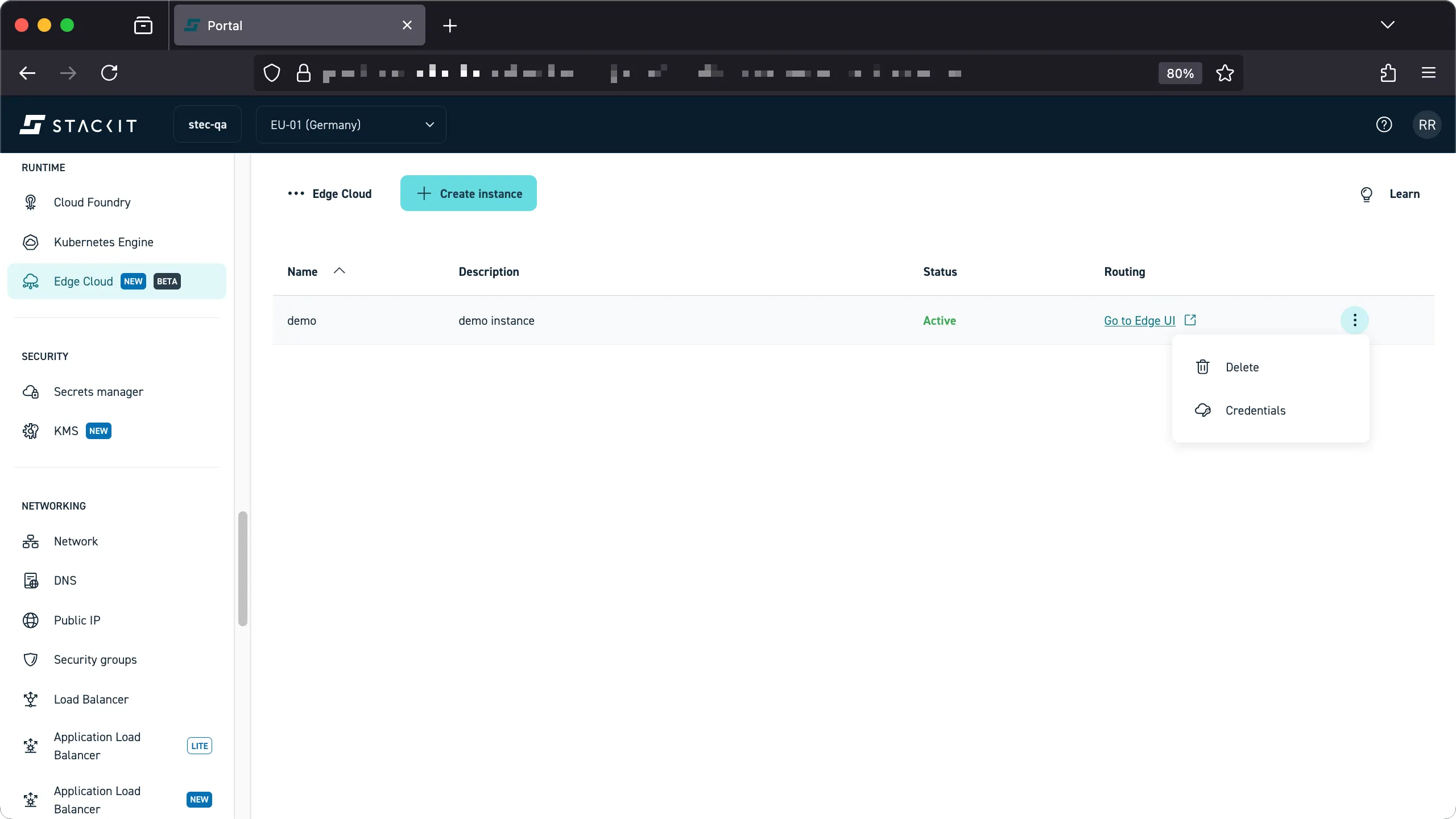 Screenshot of the Edge Cloud instance list. The instance "demo" has an Active status. A vertical ellipsis (kebab menu) on the far right of the instance row has been clicked, revealing a dropdown menu with two options: "Delete" and "Credentials."