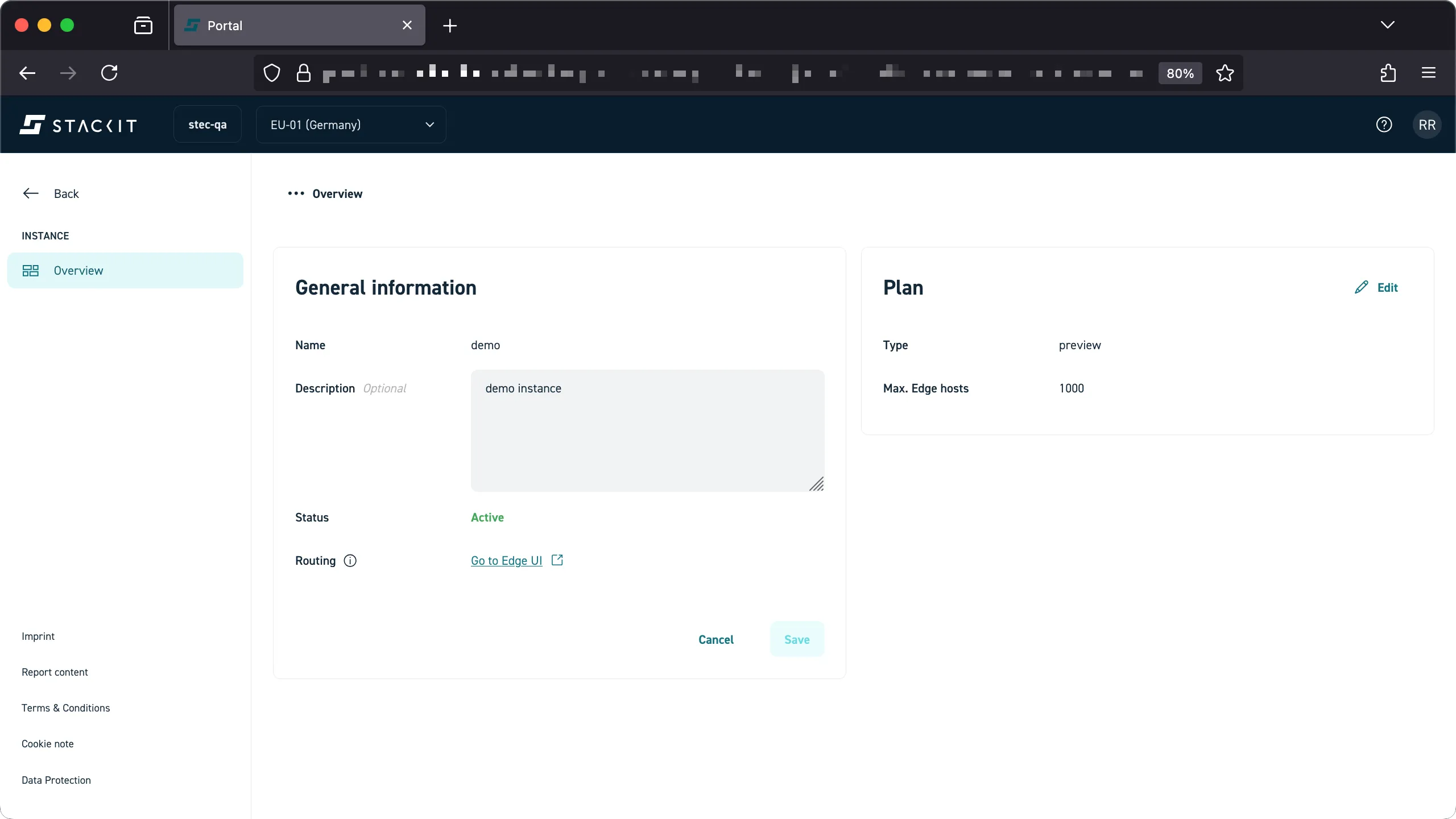 Screenshot showing the Overview page for an existing Edge Cloud instance named "demo." The General Information section shows the instance Name as "demo," Description as "demo instance," and Status as "Active." The Plan section on the right shows the Type as "preview" and Max. Edge hosts as "1000." Both the General Information and Plan sections have an "Edit" button.