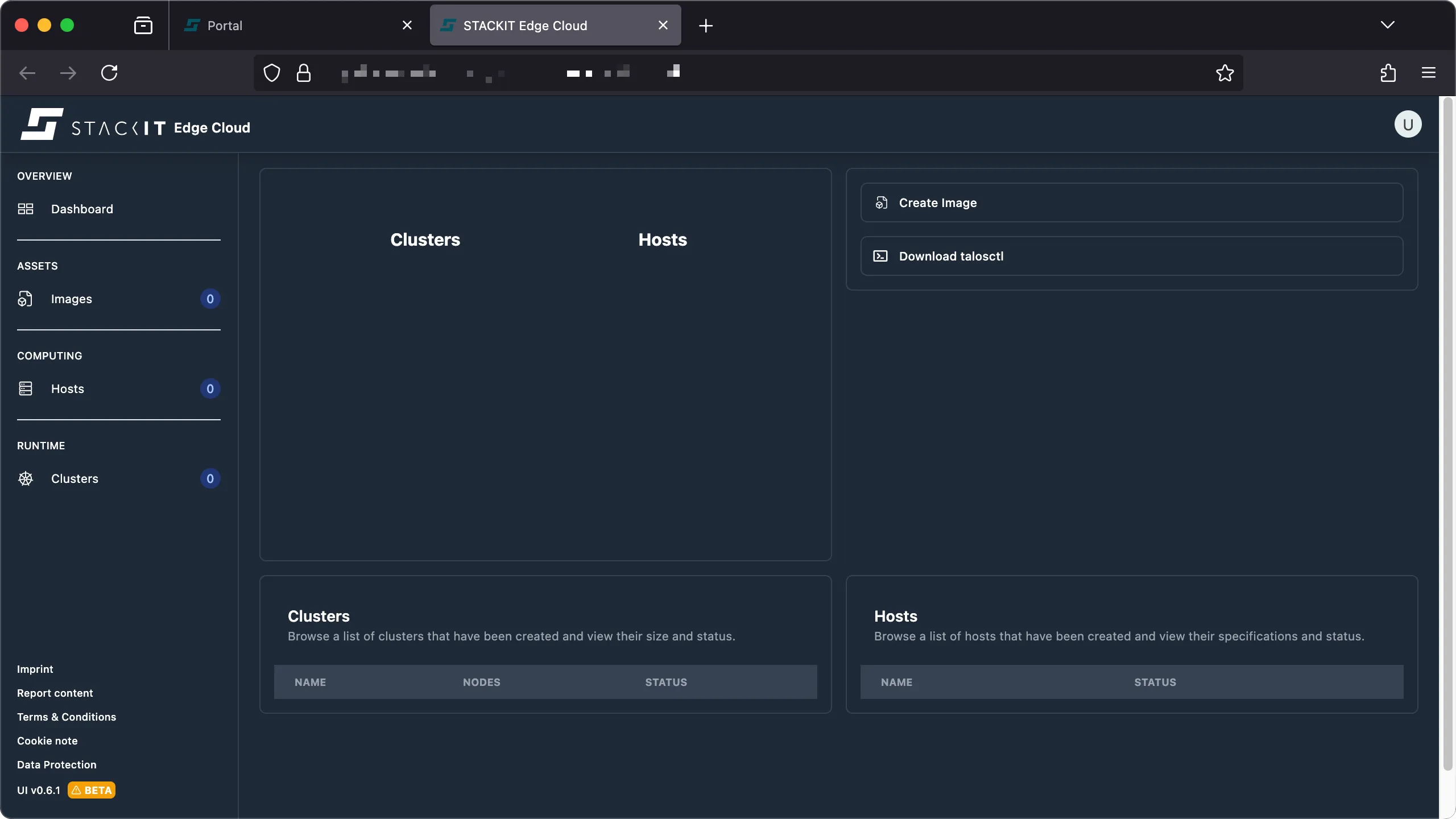 A screenshot of the STACKIT Edge Cloud Portal Dashboard after successful login. The dashboard is divided into several main sections. The left sidebar shows the Overview menu with Dashboard selected, and asset menus for Assets (Images) and Computing (Hosts, Clusters). The main content area is structured into four quadrants. The top-right section has two actionable buttons: Create Image and Download talosctl. The center area prominently displays two column headers: Clusters and Hosts. The bottom section shows two data tables: one labeled Clusters ("Browse a list of clusters that have been created and view their size and status") and one labeled Hosts ("Browse a list of hosts that have been created and view their specifications and status"). Both tables currently appear empty, only showing column headers for NAME, NODES, and STATUS (for Clusters) and NAME and STATUS (for Hosts).