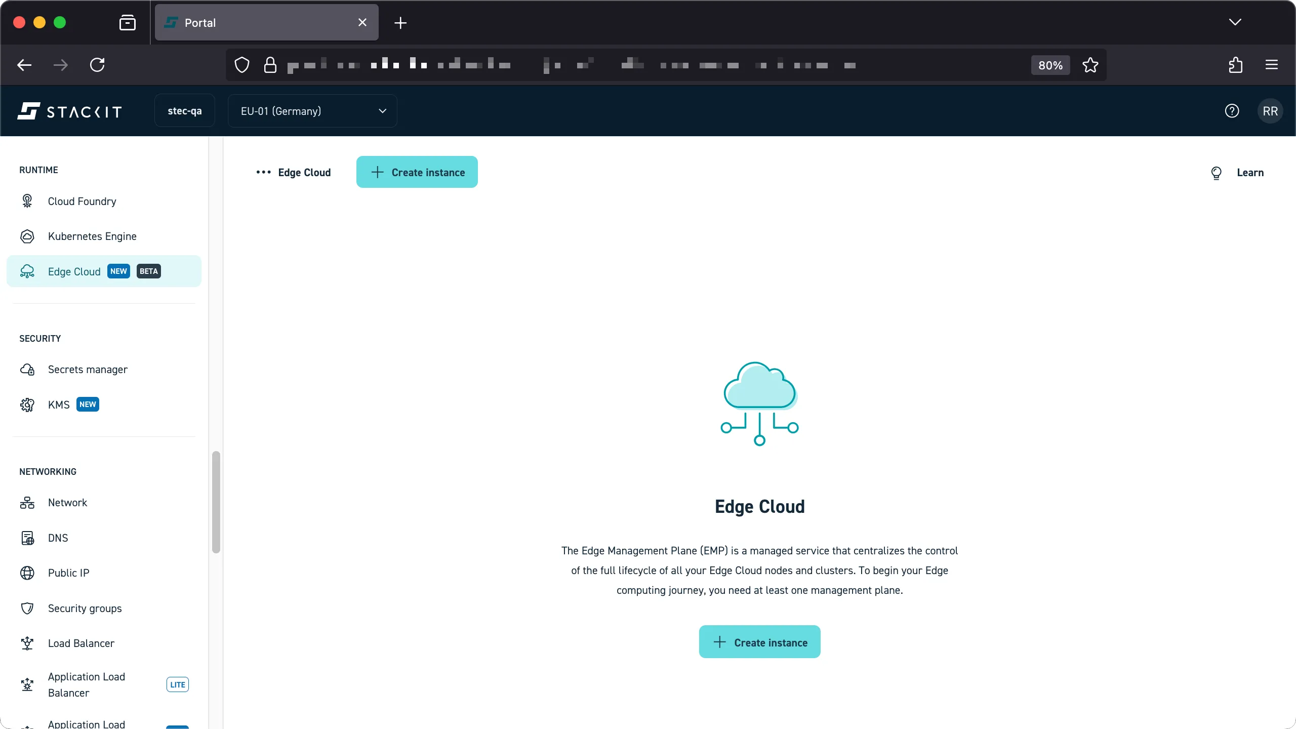 Screenshot of the STACKIT Portal with the Edge Cloud service selected in the left navigation menu. The main panel displays the 'Edge Cloud' landing page with an illustration of a cloud icon and a description: "The Edge Management Plane (EMP) is a managed service that centralizes the control of the full lifecycle of all your Edge Cloud nodes and clusters. To begin your Edge computing journey, you need at least one management plane." A button labeled "+ Create Instance" is prominently featured in the center.