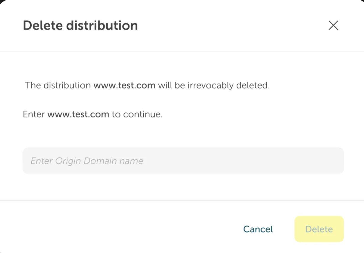 A screenshot of a Content Delivery Network (CDN) management table interface. The table has columns for CDN Domain, Origin URL, and Status. Above the table, a yellow button labeled "Create distribution" is visible. The table shows three active distributions. The third row, with the Origin URL name.abc.lidl.de, is highlighted where a user has clicked the three-dot action menu (kebab menu) in the Status column. A dropdown menu is open, showing two options for that distribution: "Clear cache" and "Delete".