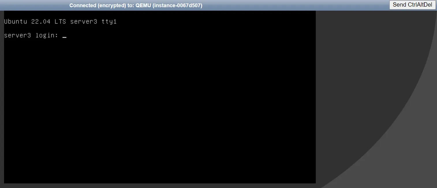 Screenshot of a black terminal window displaying the login prompt for a successful text-based boot. The header text shows 'Ubuntu 22.04 LTS server3 tty1', and the prompt reads 'server3 login: _', indicating the virtual machine has finished booting and is ready for a user to log in.