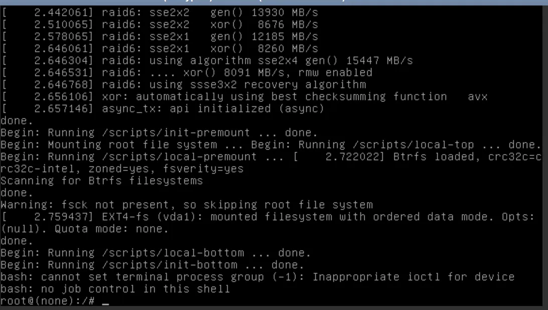 A console screenshot showing part of the Linux boot sequence and recovery shell access.
