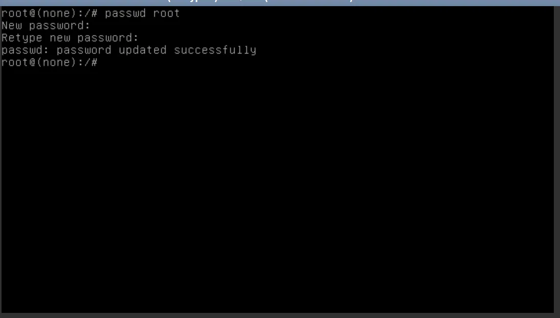 A minimal Linux console screenshot demonstrating a successful root password change.