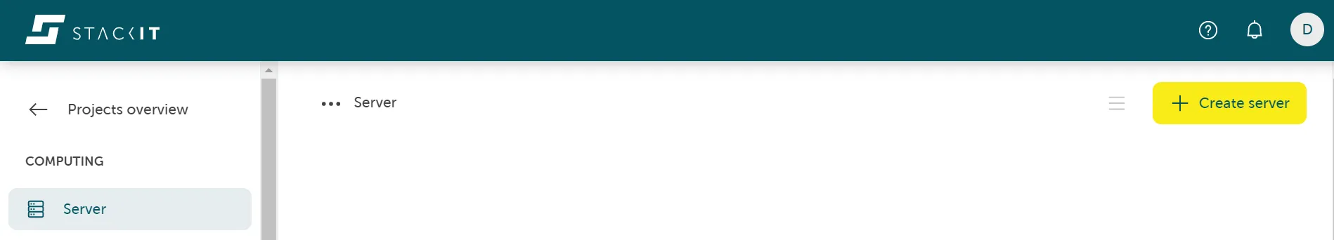 A screenshot of the STACKIT cloud platform interface. The main navigation on the left shows Server highlighted and selected under the COMPUTING category. The primary action visible in the top-right corner of the content area is a bright yellow button labeled "+ Create server".