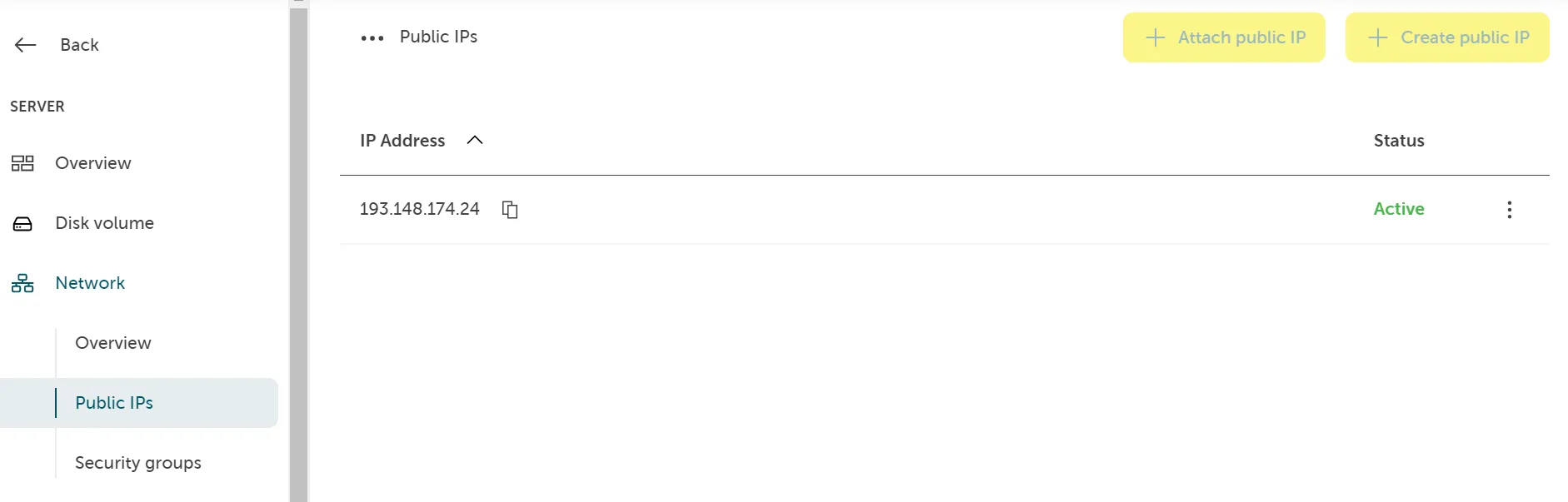 A view of the Public IPs section under the Network category in a sidebar menu. A table lists the single public IP address 193.148.174.24 with the status Active (in green). Two yellow buttons are visible at the top right: Attach public IP and Create public IP.