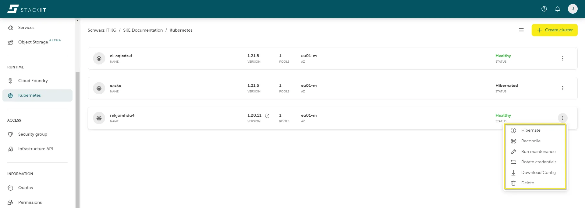 A screenshot of the SKE main dashboard, listing three Kubernetes clusters.