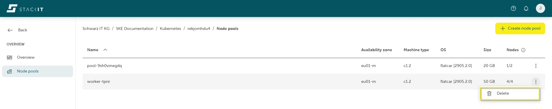 A screenshot showing the Overview page for a specific SKE node pool named "pool-5ij2ok0xb". The page displays general information, including the Name. Below this, the Pool Configuration details are listed: Machine Type (c1.2), Operating System (flatcar), Operating System Version (2905.2.0), and Container Runtime (docker). A button labeled "Edit" with a pencil icon is prominently highlighted in a yellow rectangle next to the "Pool Configuration" heading, indicating where the user can modify these settings.