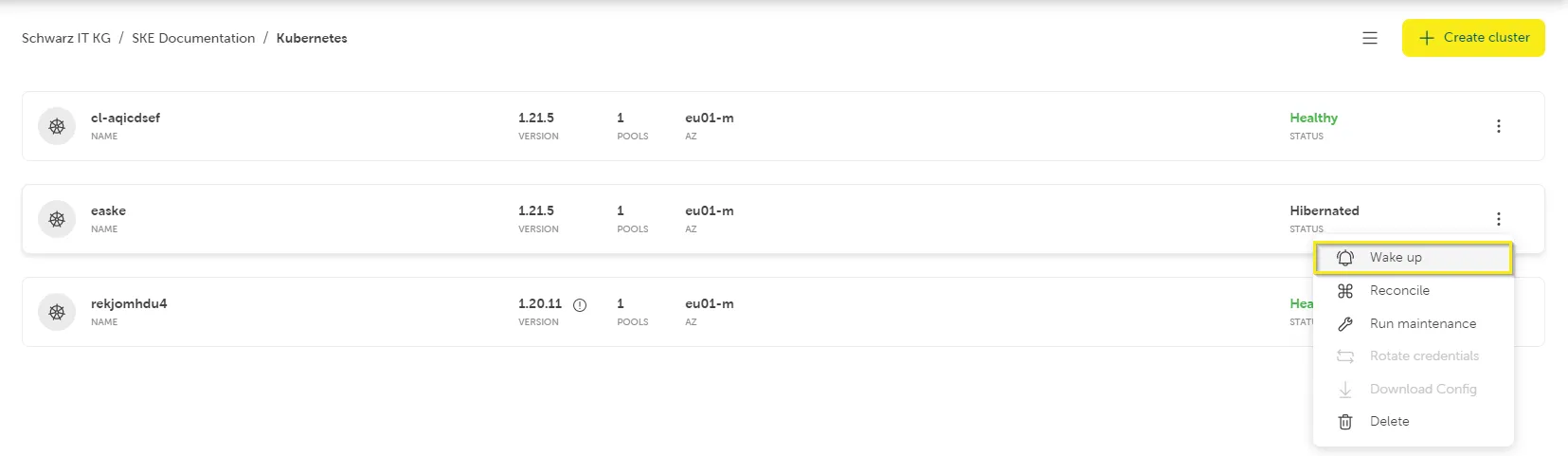 A screenshot from the STACKIT SKE interface showing a confirmation dialog for hibernating a cluster.