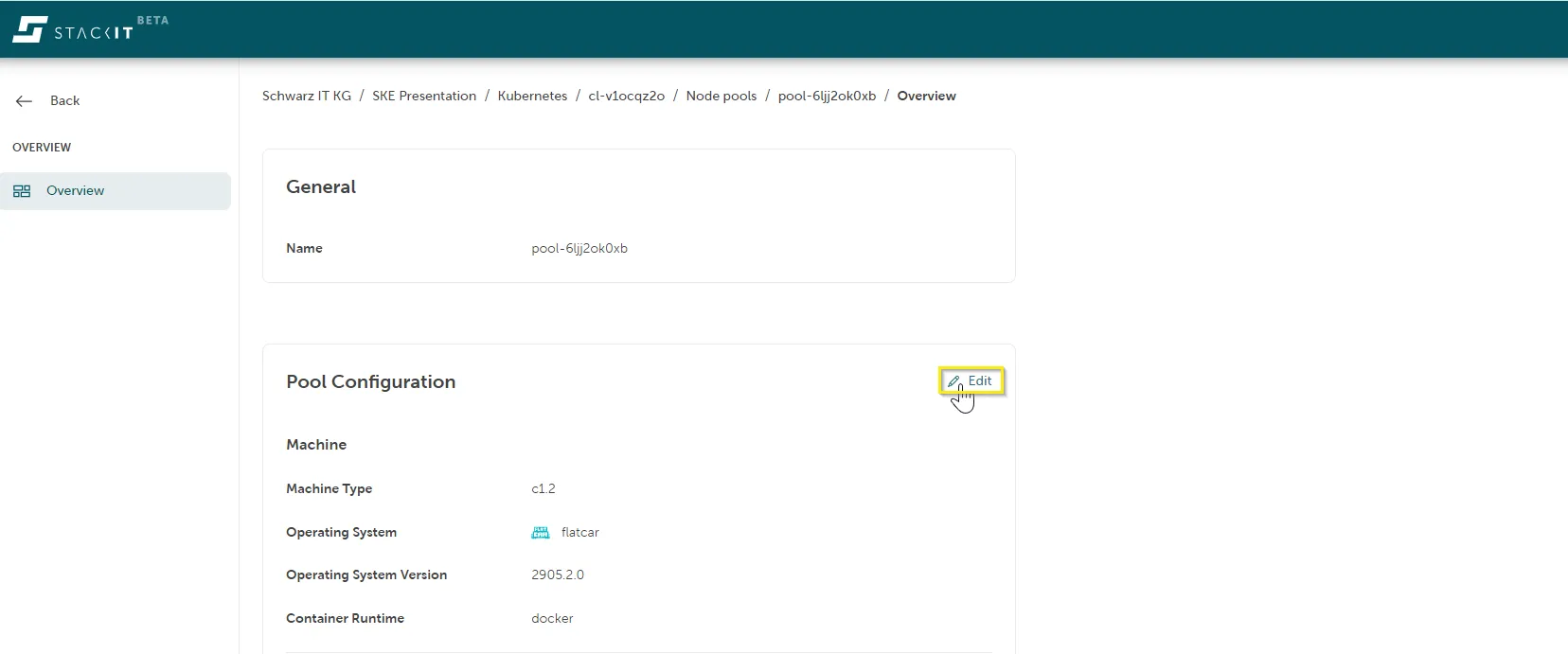 A screenshot of the SKE Node pools management page demonstrating the delete action for a specific node pool. The table lists two node pools: "pool-9s0wxmepdq" and "worker-tprir". An options menu (represented by three vertical dots) has been clicked for the node pool named "worker-tprir", opening a small context menu. Within this context menu, the "Delete" option is highlighted in a yellow box, indicating the next action to remove the node pool.