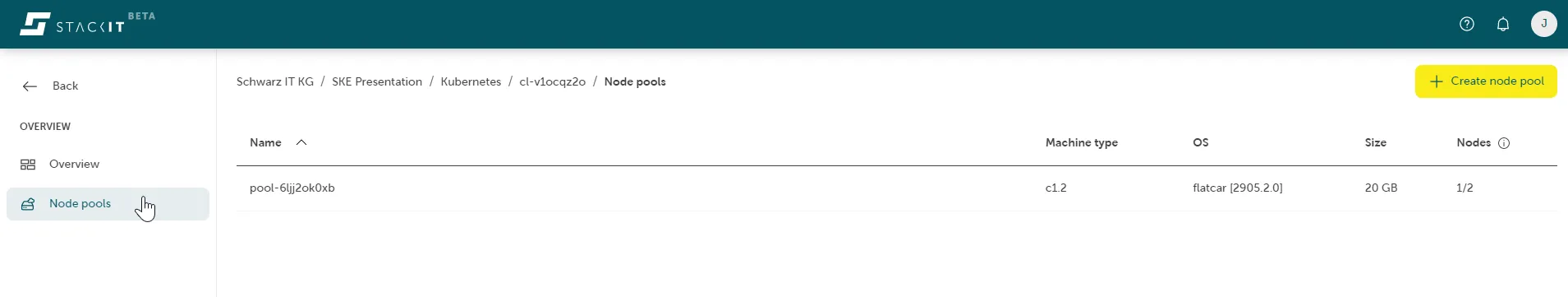A screenshot of the STACKIT Kubernetes Engine (SKE) web interface, specifically the Node pools management page. The main section displays a table of existing node pools. Currently, only one node pool is listed with the name "pool-5ij2ok0xb". Its configuration shows a Machine type of "c1.2", OS as "flatcar [2905.2.0]", Size of "20 GB", and Nodes count of "1/2". A prominent, yellow button in the top right corner is labeled "Create node pool". The left navigation menu highlights "Node pools".