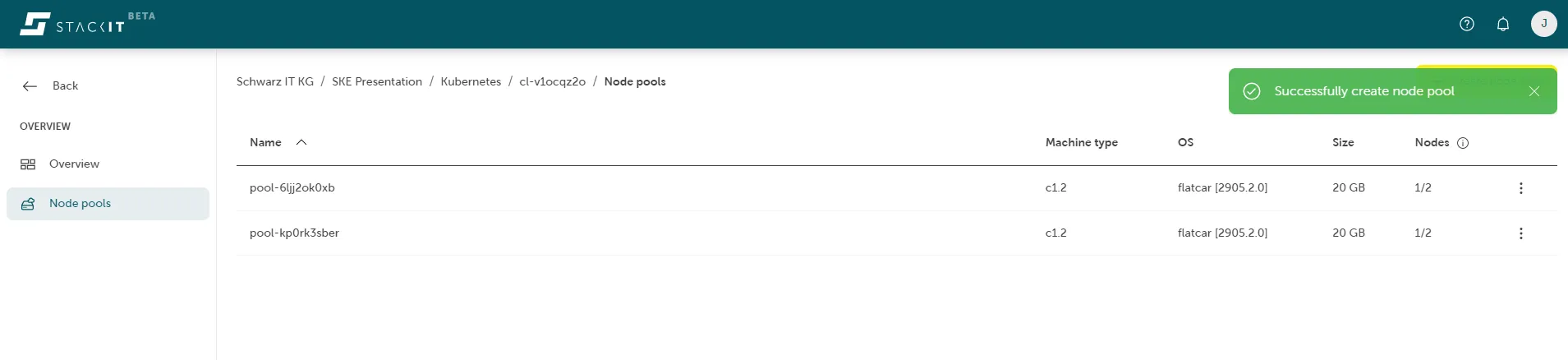 A screenshot of the STACKIT Kubernetes Engine (SKE) Node pools page after a successful creation operation. The table now lists two node pools: the original "pool-5ij2ok0xb" and a newly created one, "pool-kp0vk3sber". Both share the same configuration: Machine type "c1.2," OS "flatcar [2905.2.0]," Size "20 GB," and Nodes "1/2." A green notification banner appears at the top right with the text "Successfully create node pool," confirming the operation.