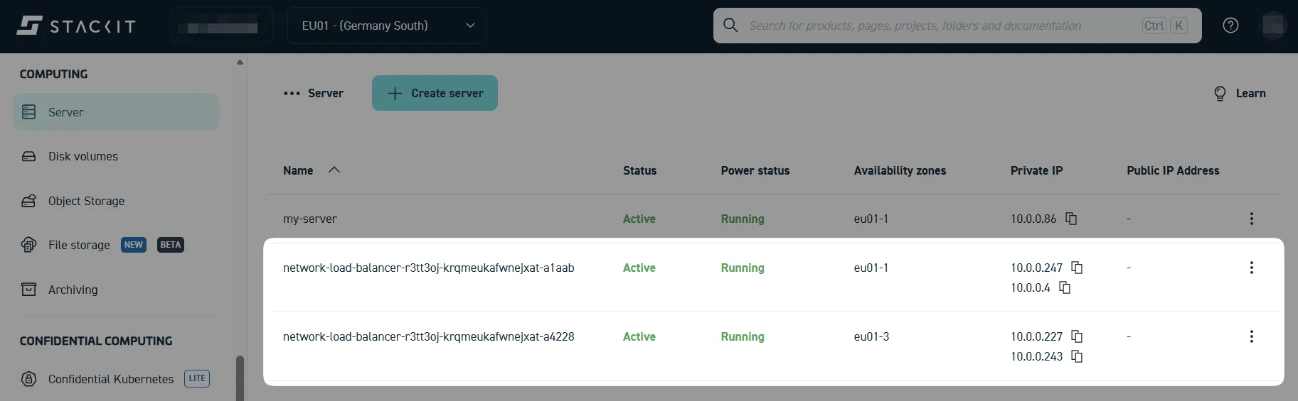 Two load balancer nodes that handle the incoming traffic, as seen under the Server view of the Portal.