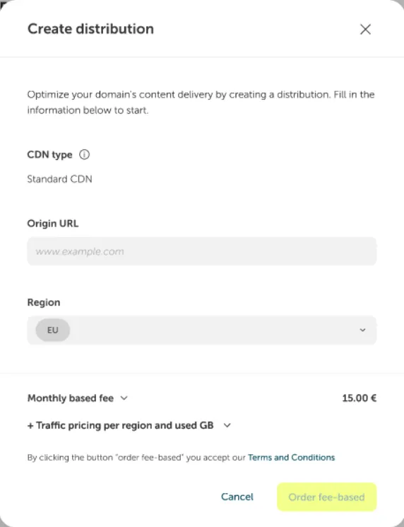A modal dialog titled "Create distribution" for optimizing content delivery via a CDN. The user interface prompts for three fields: CDN type (pre-selected as Standard CDN), Origin URL (with the placeholder www.example.com), and Region (with a dropdown showing EU selected). Below the configuration fields, the pricing is displayed: a "Monthly based fee" of 15.00 € and "+ Traffic pricing per region and used GB." The footer contains a link to "Terms and Conditions," followed by two buttons: "Cancel" and a highlighted, yellow button labeled "Order fee-based".