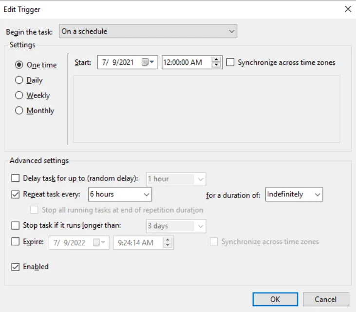 Edit Trigger dialog box showing the task schedule set to 'One time' with a repeat interval of '6 hours' for an indefinite duration.