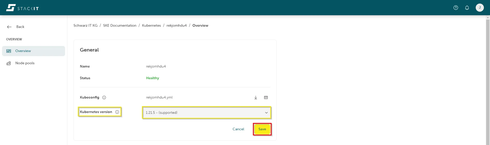 A screenshot showing the Maintenance configuration page for an SKE cluster. The settings are grouped under Maintenance Window and Auto Update.